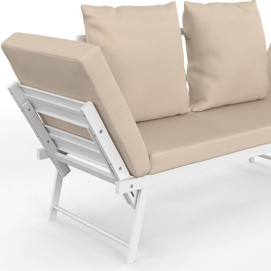 Canapé de jardin, banquette convertible NOLA 2/3 places avec accoudoirs inclinables métal blanc et coussins beige - Image 8