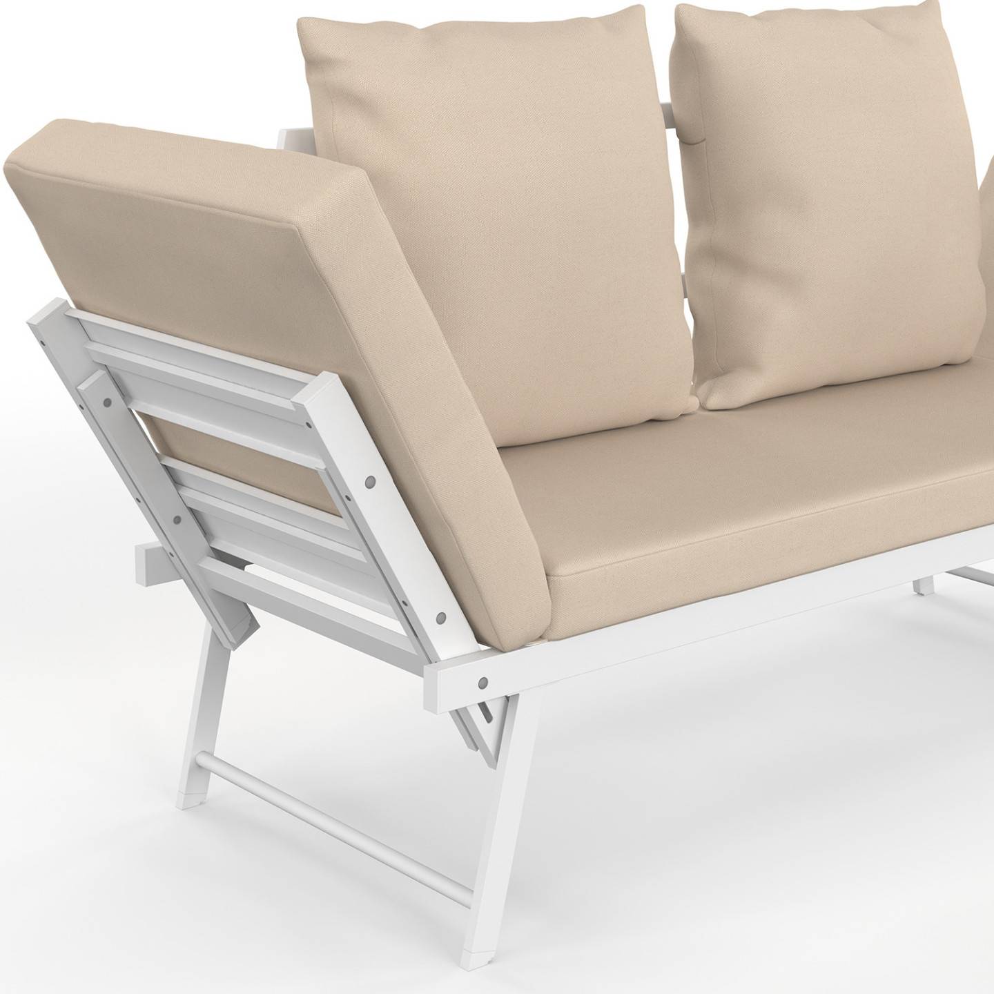 Canapé de jardin, banquette convertible NOLA 2/3 places avec accoudoirs inclinables métal blanc et coussins beige - Image 8