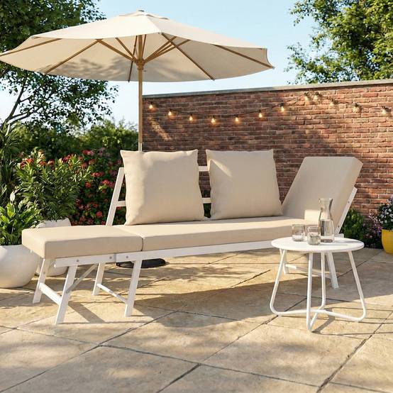 Canapé de jardin, banquette convertible NOLA 2/3 places avec accoudoirs inclinables métal blanc et coussins beige - Image 3
