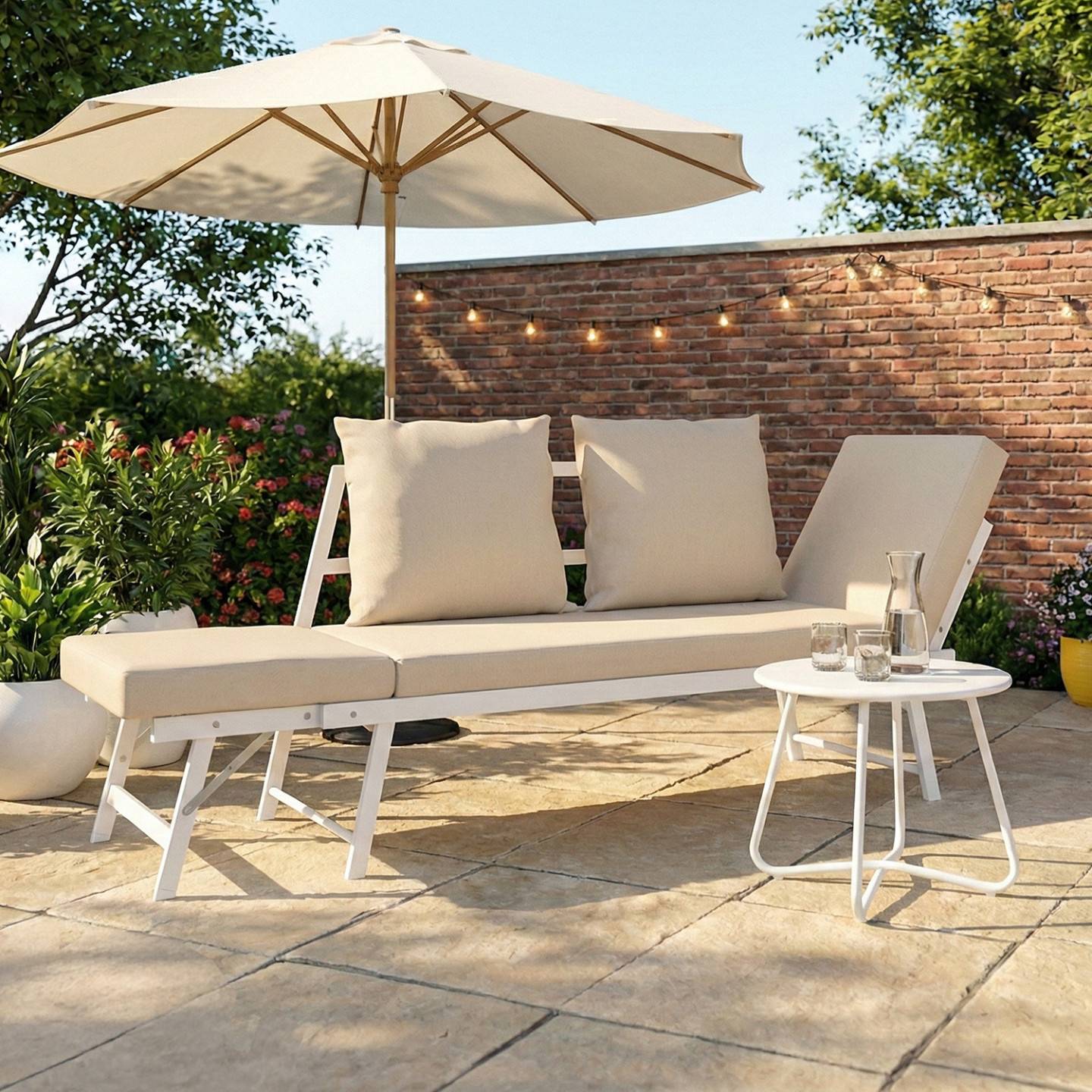 Canapé de jardin, banquette convertible NOLA 2/3 places avec accoudoirs inclinables métal blanc et coussins beige - Image 3