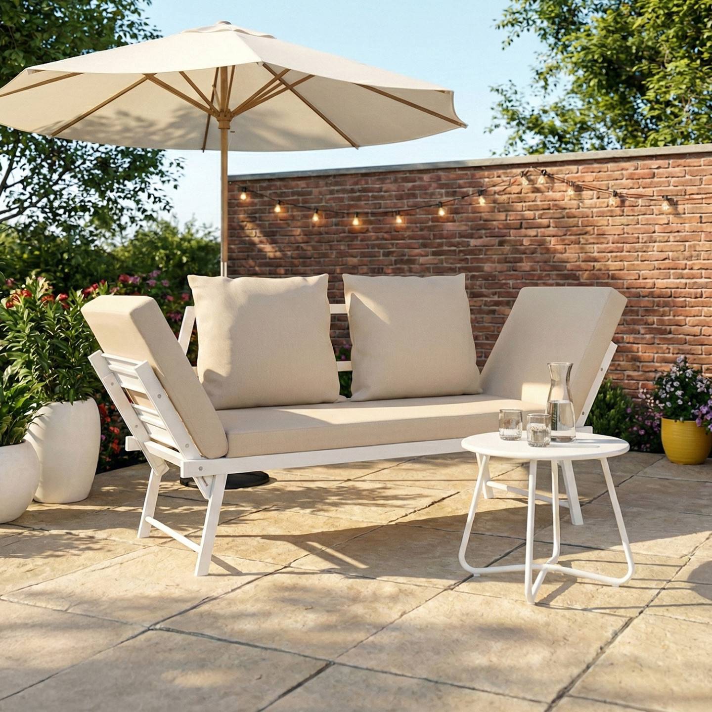 Canapé de jardin, banquette convertible NOLA 2/3 places avec accoudoirs inclinables métal blanc et coussins beige - Image 1