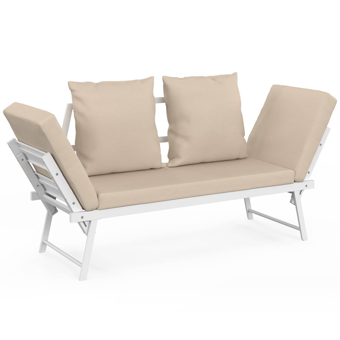 Canapé de jardin, banquette convertible NOLA 2/3 places avec accoudoirs inclinables métal blanc et coussins beige - Image 2