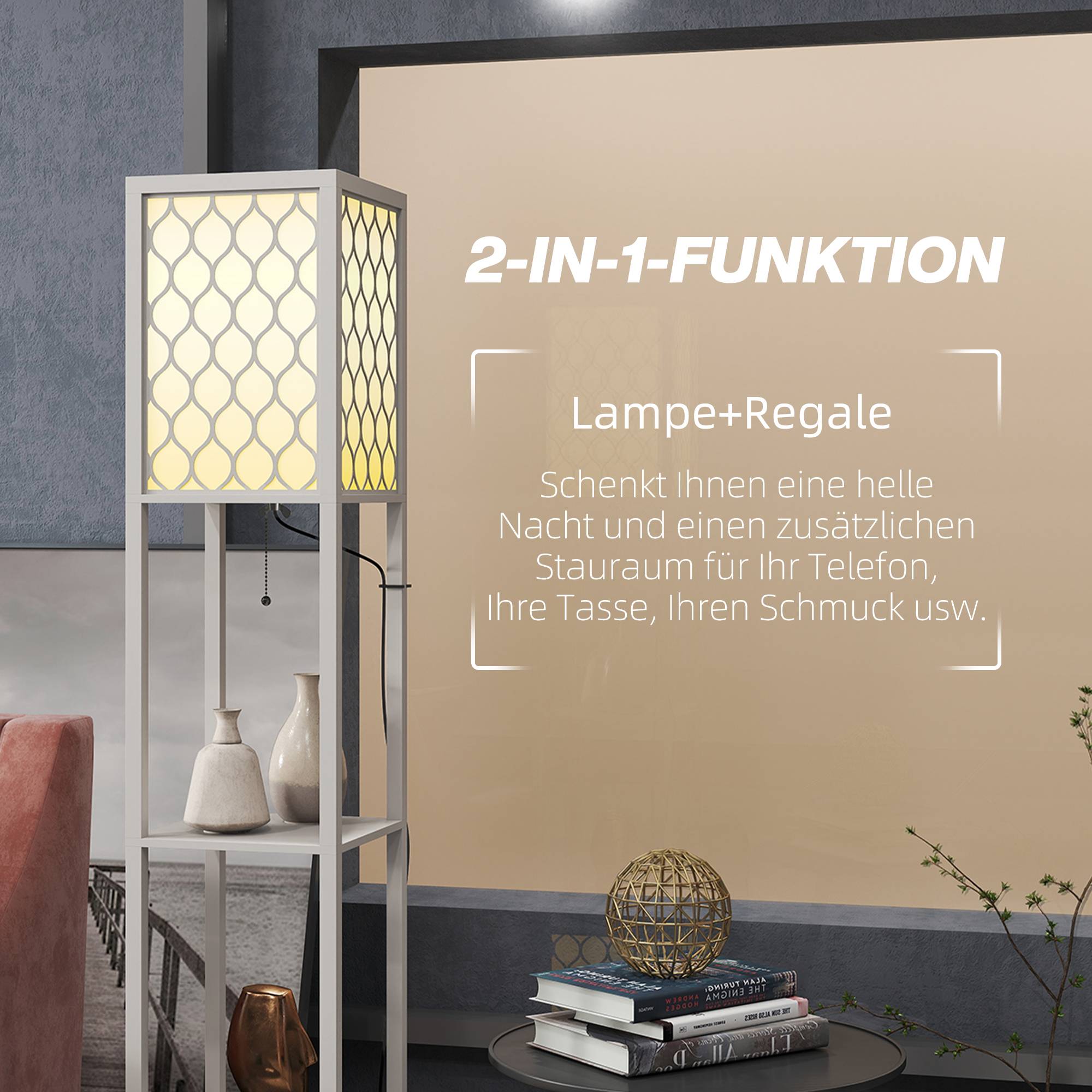 Lampadaire au design moderne, 2 étagères, interrupteur à chaînette, 26 cm x 26 cm x 156 cm, noir et blanc - Image 6
