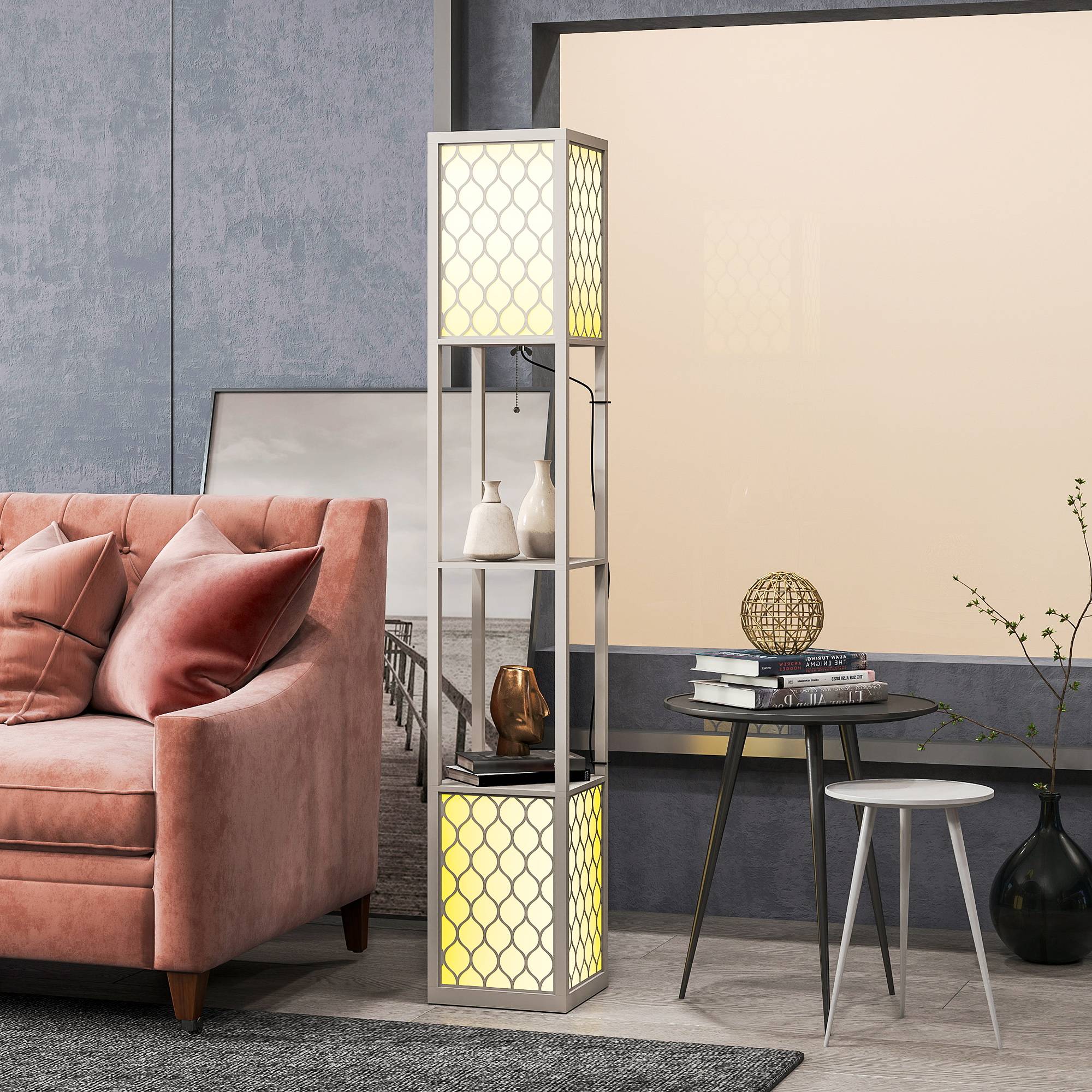 Lampadaire au design moderne, 2 étagères, interrupteur à chaînette, 26 cm x 26 cm x 156 cm, noir et blanc - Image 10