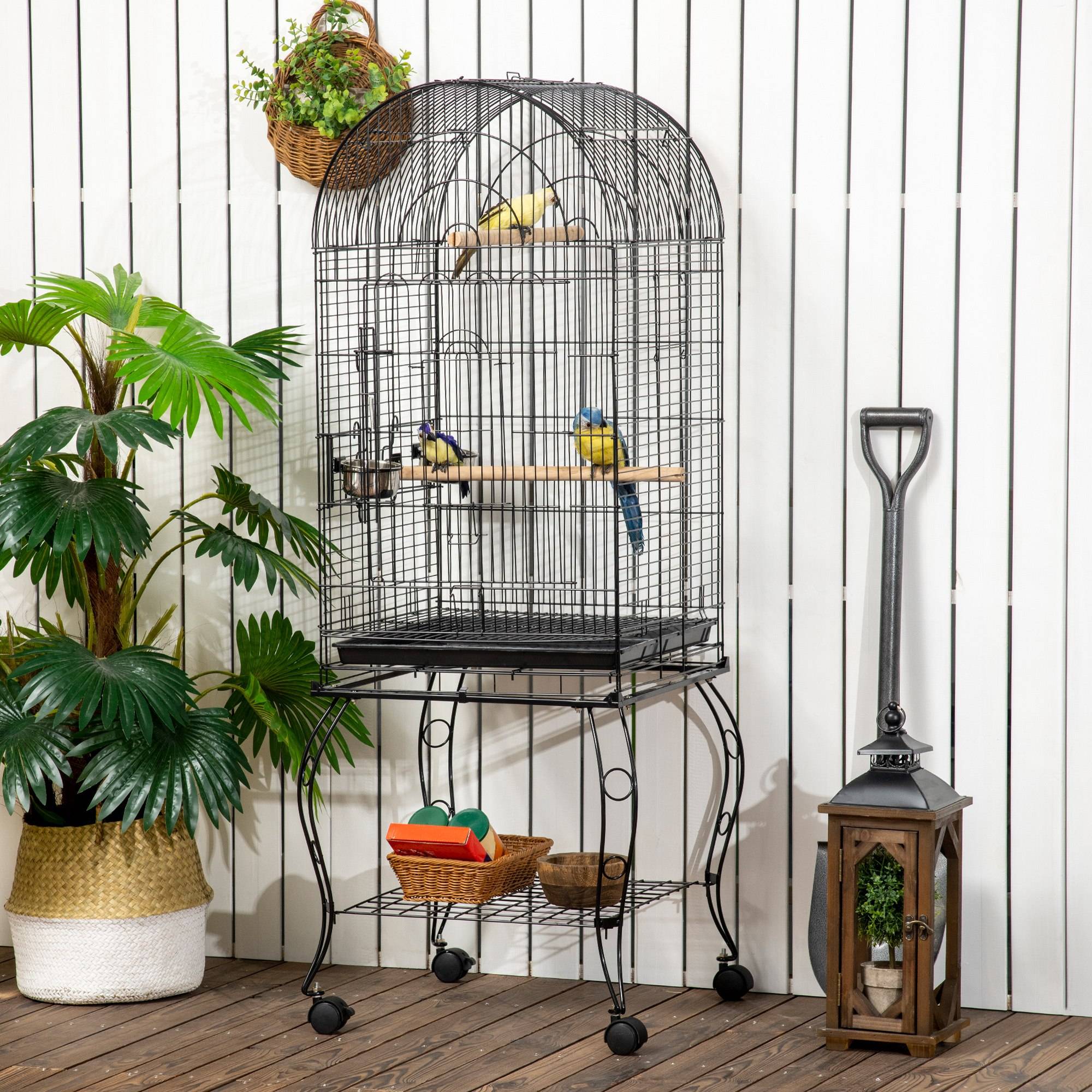 Cage pour oiseaux avec support et roues, cage en acier avec plateau amovible et 2 mangeoires, 51x51x153 cm, noir - Image 4