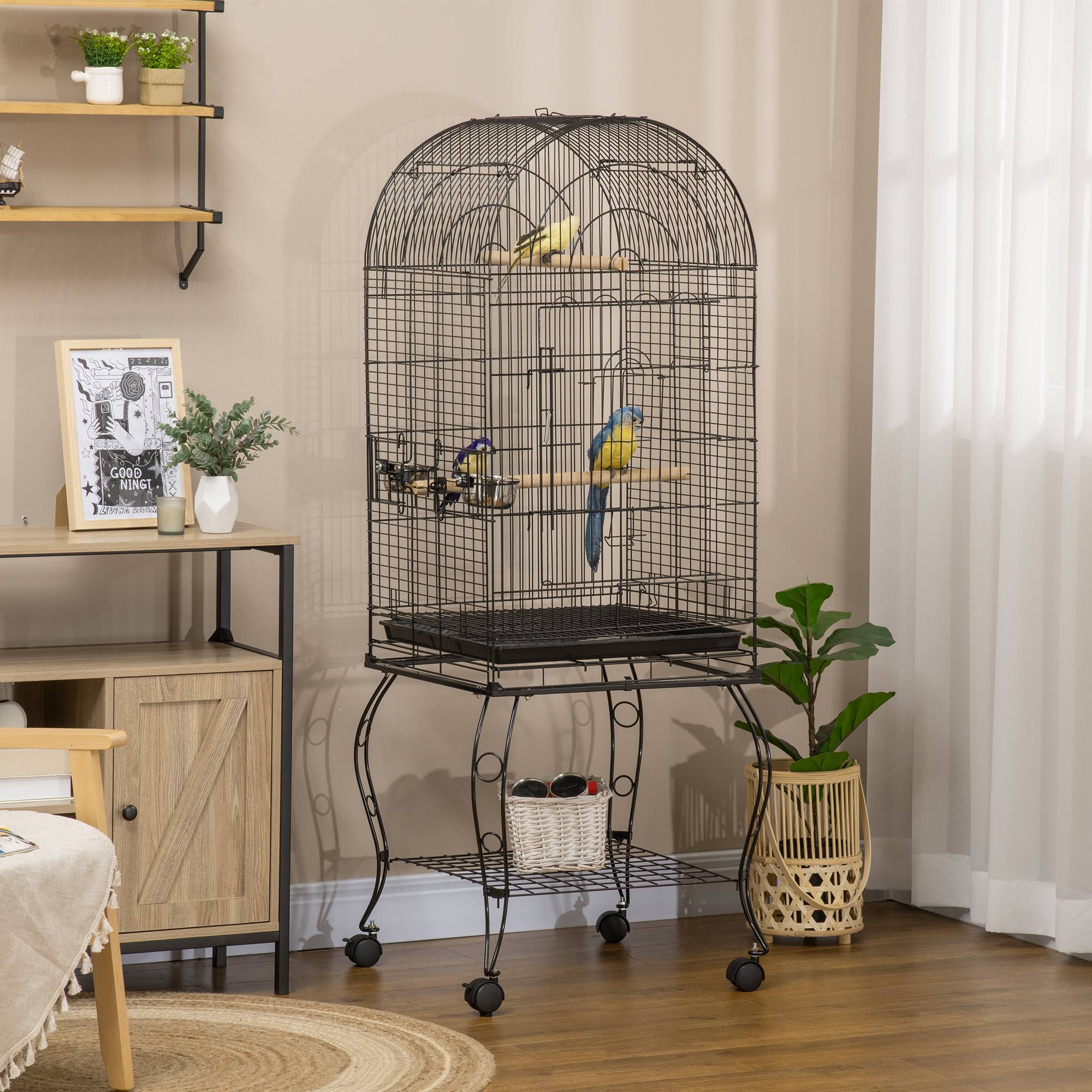 Cage pour oiseaux avec support et roues, cage en acier avec plateau amovible et 2 mangeoires, 51x51x153 cm, noir - Image 3