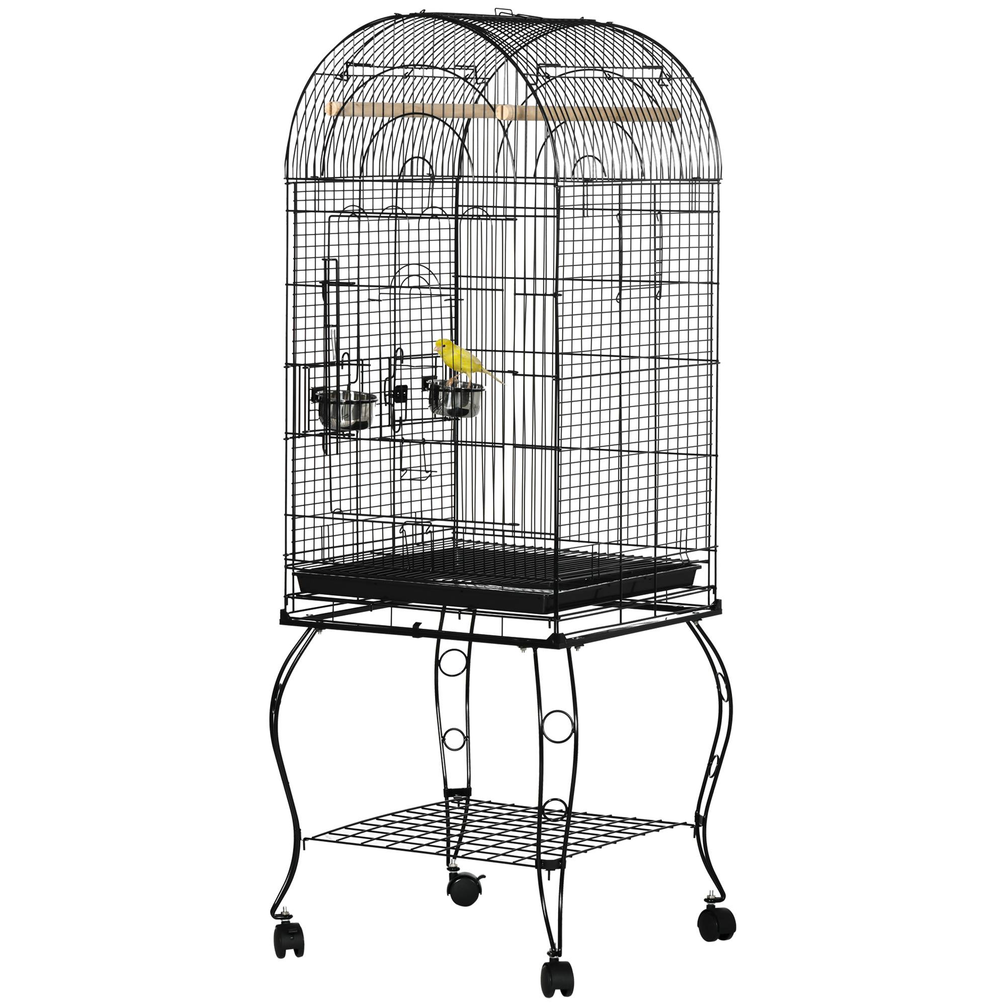 Cage pour oiseaux avec support et roues, cage en acier avec plateau amovible et 2 mangeoires, 51x51x153 cm, noir - Image 2