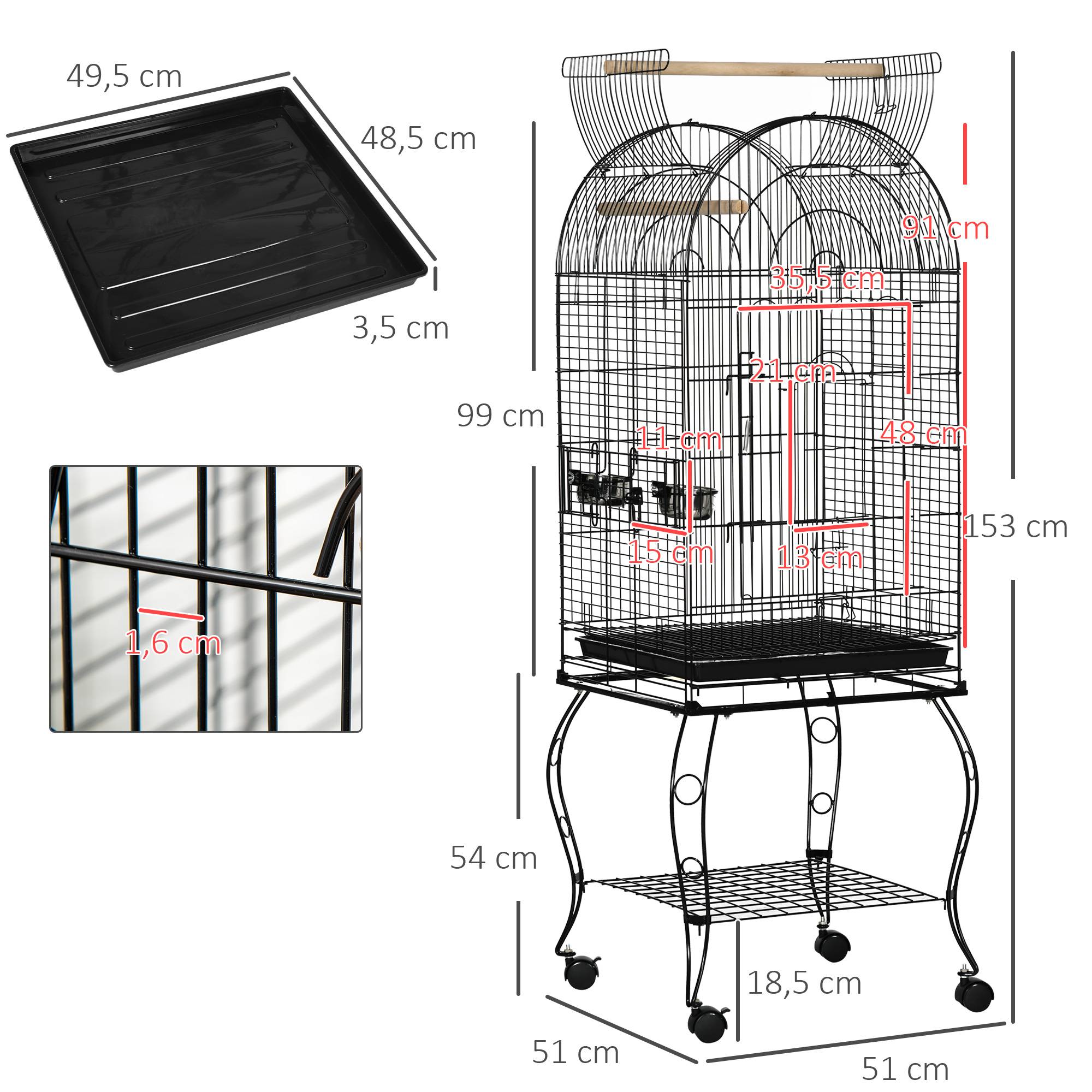 Cage pour oiseaux avec support et roues, cage en acier avec plateau amovible et 2 mangeoires, 51x51x153 cm, noir - Image 5