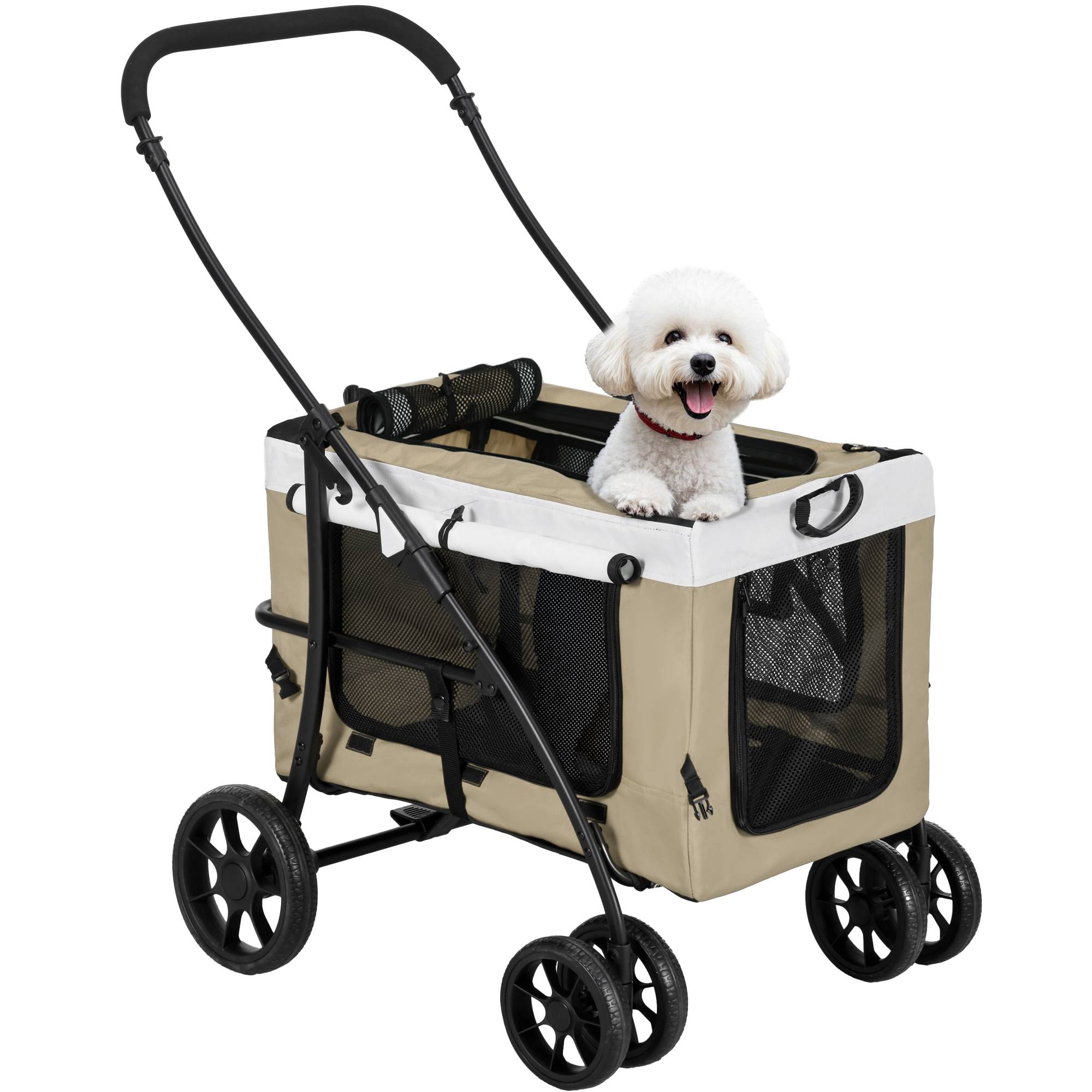 Poussette pliable pour chien avec wagon détachable, 4 portes zippées, 2 sangles de sécurité et coussin, kaki - Image 1
