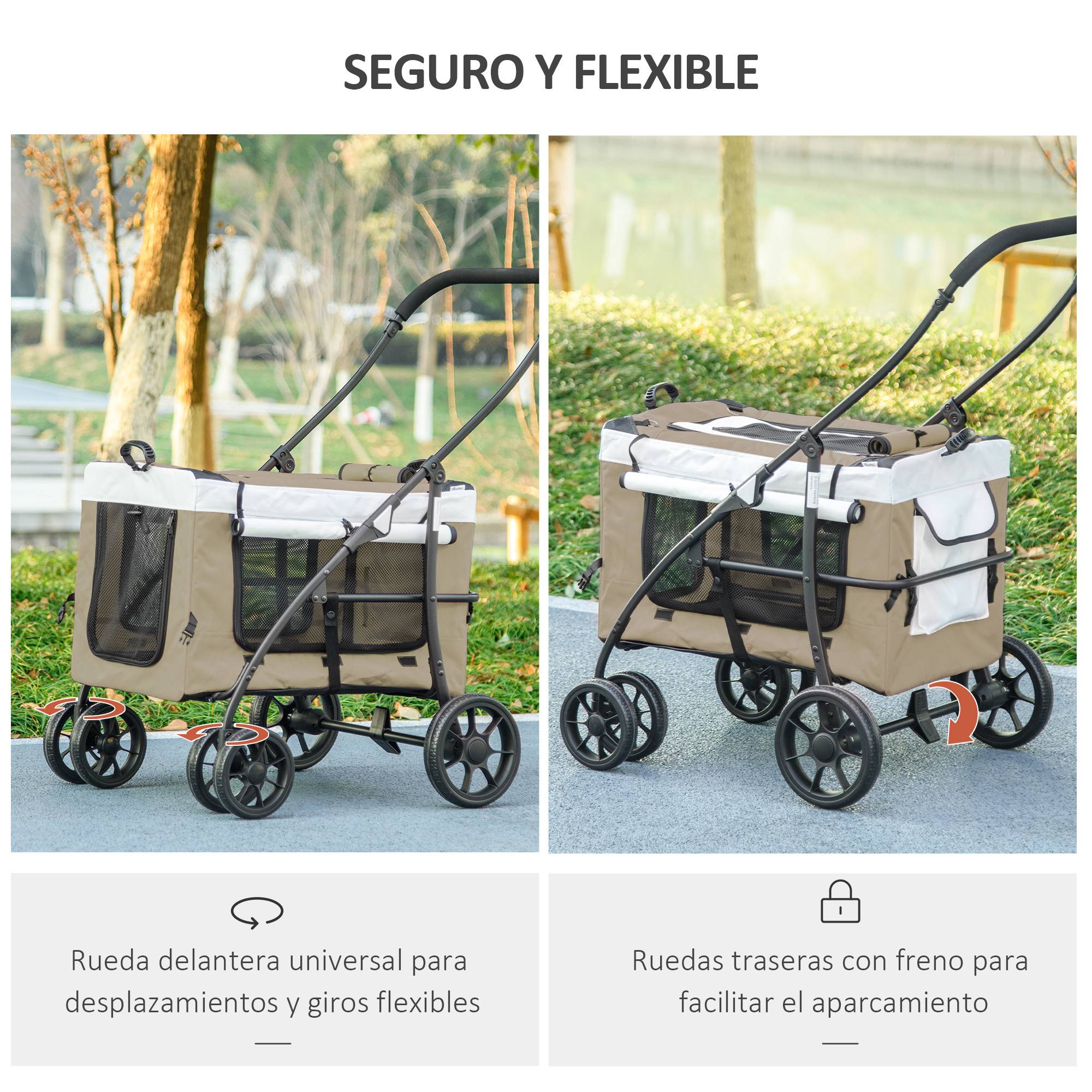 Poussette pliable pour chien avec wagon détachable, 4 portes zippées, 2 sangles de sécurité et coussin, kaki - Image 8