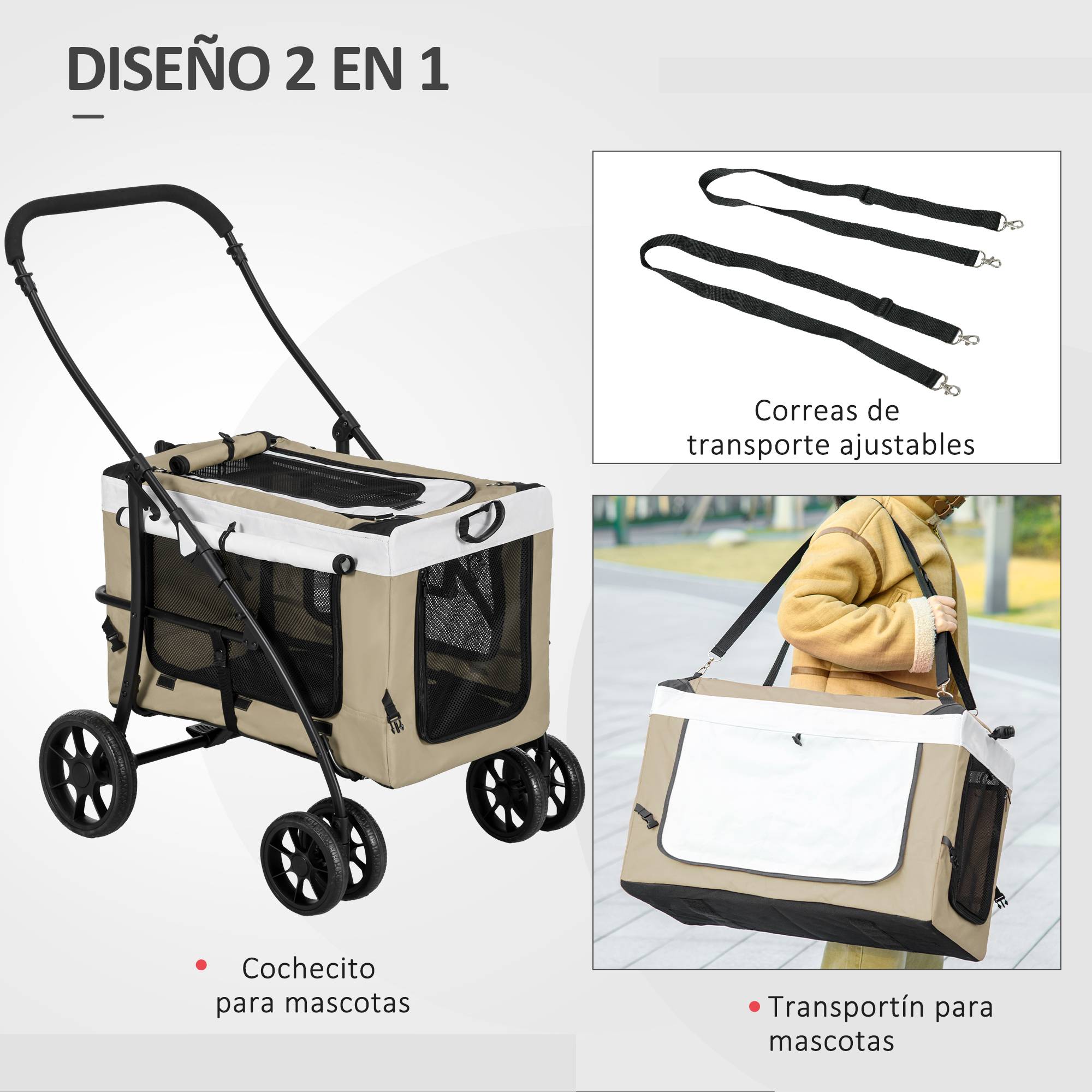 Poussette pliable pour chien avec wagon détachable, 4 portes zippées, 2 sangles de sécurité et coussin, kaki - Image 7