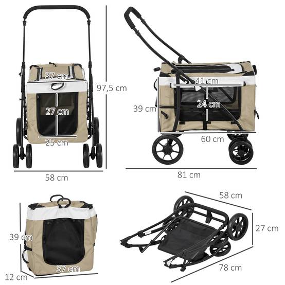 Poussette pliable pour chien avec wagon détachable, 4 portes zippées, 2 sangles de sécurité et coussin, kaki - Image 5
