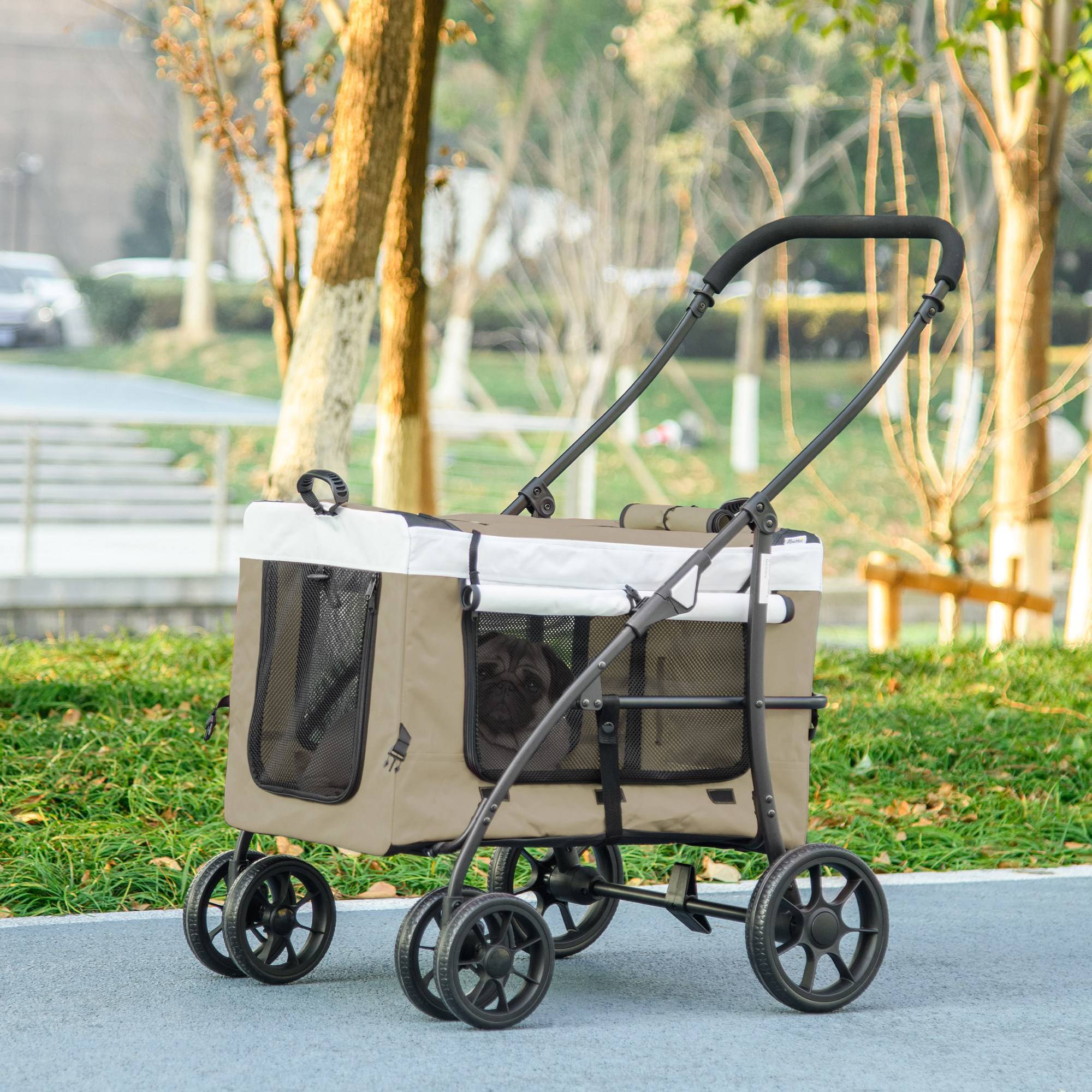 Poussette pliable pour chien avec wagon détachable, 4 portes zippées, 2 sangles de sécurité et coussin, kaki - Image 4