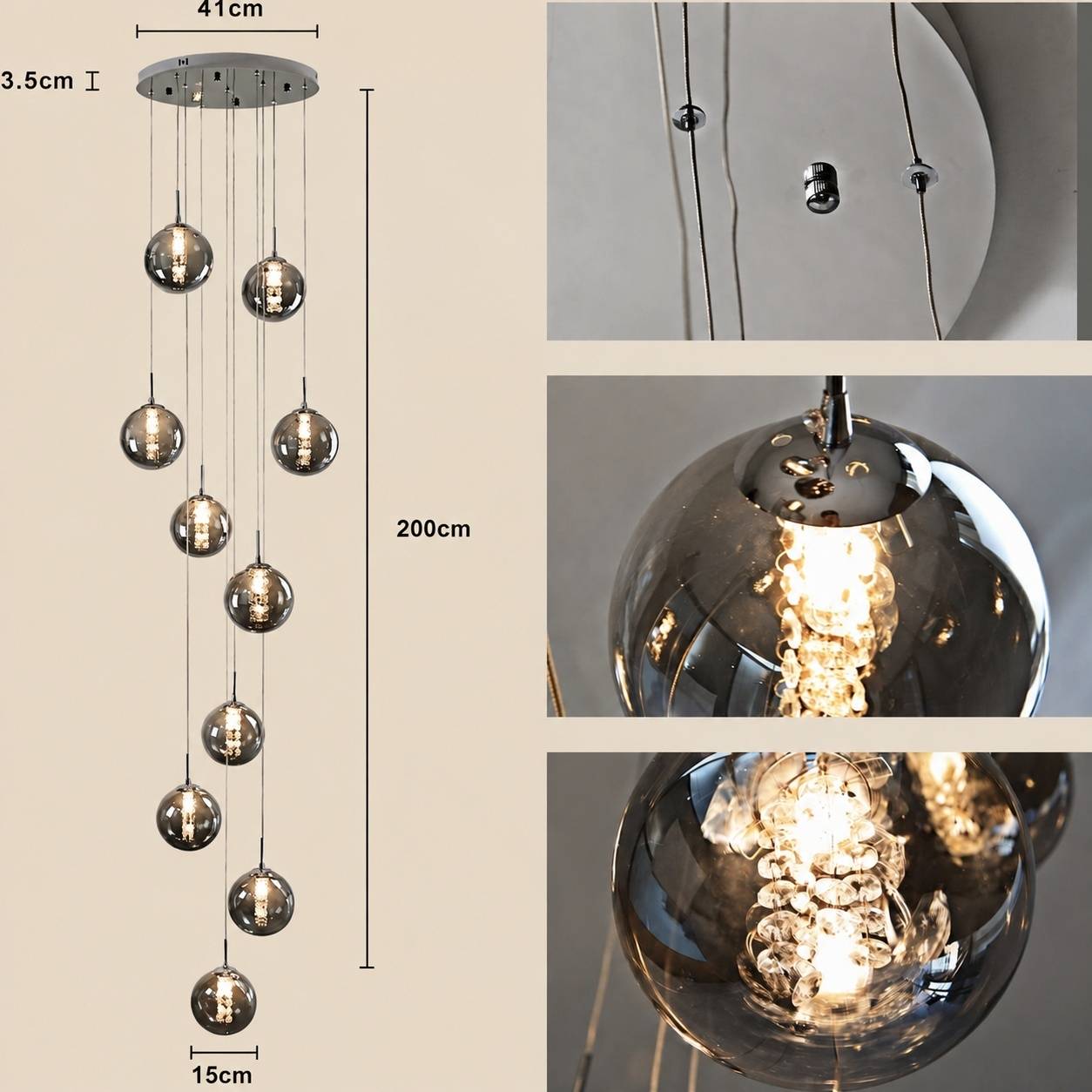 Suspension Lampe Réglable Hauteur Sphères Verre Fumé Moderne - Image 4
