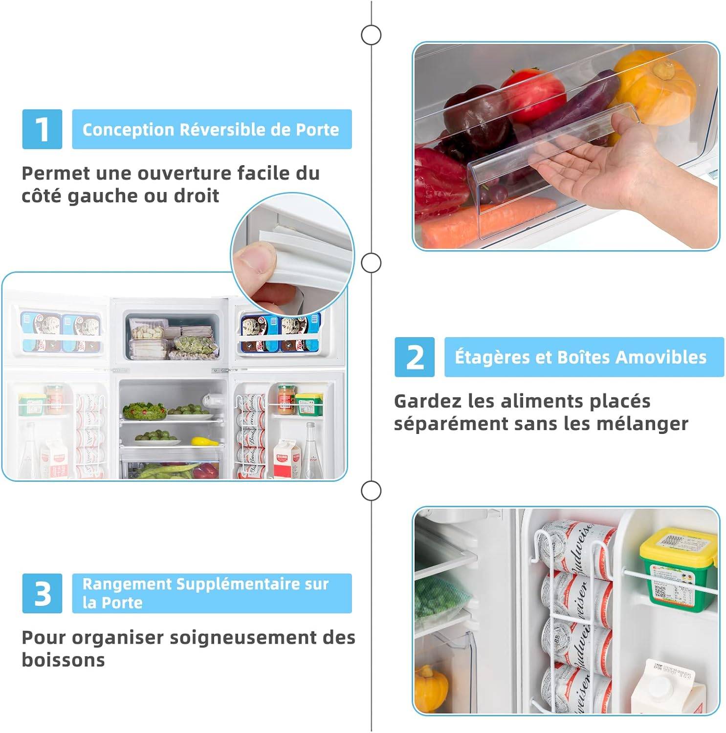 Réfrigérateur Congélateur 90 L(26L+64L) - Température de Refroidissement-49,5 x 48,5 x 86 cm, Blanc - Image 3