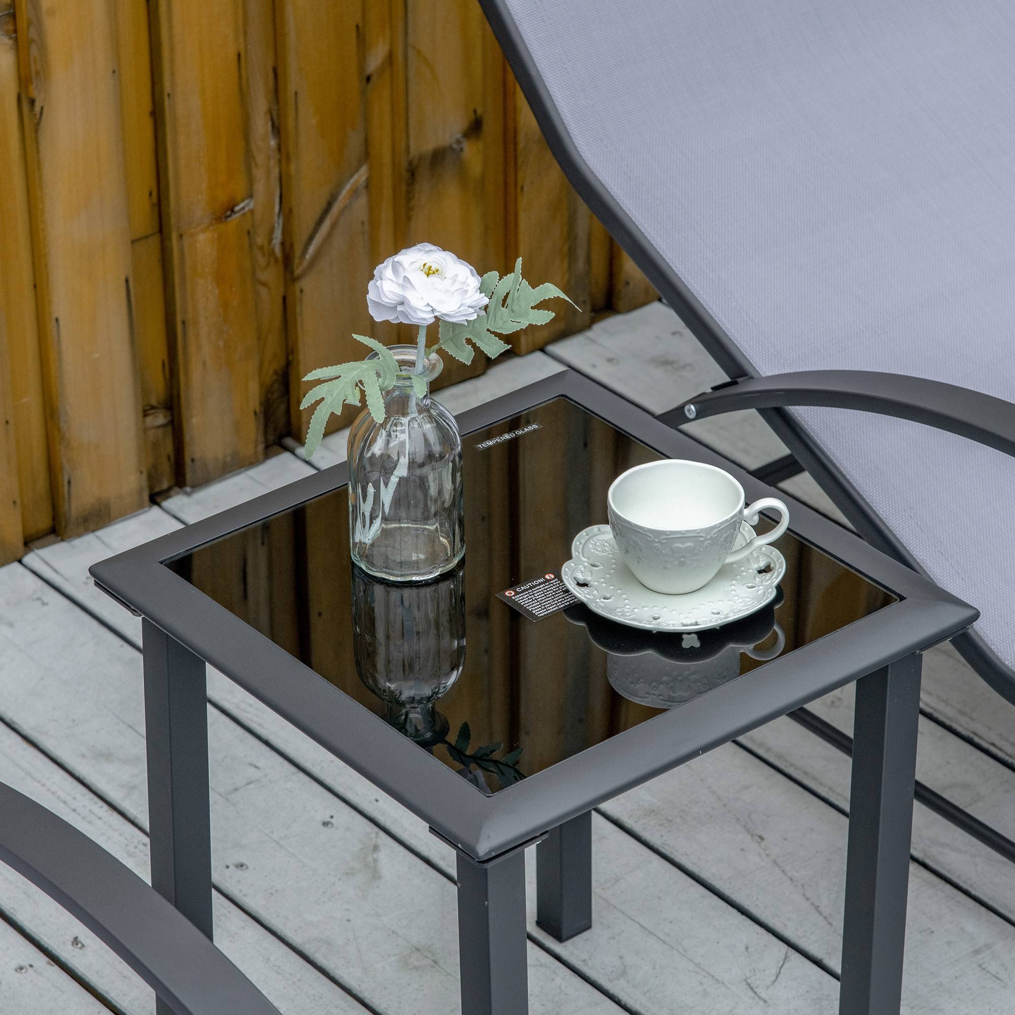 2 chaises longues de jardin 59 x 169 x 66 cm avec table basse en verre 41 x 41 x 45 cm et accoudoirs pour terrasse, piscine et patio, gris - Image 9