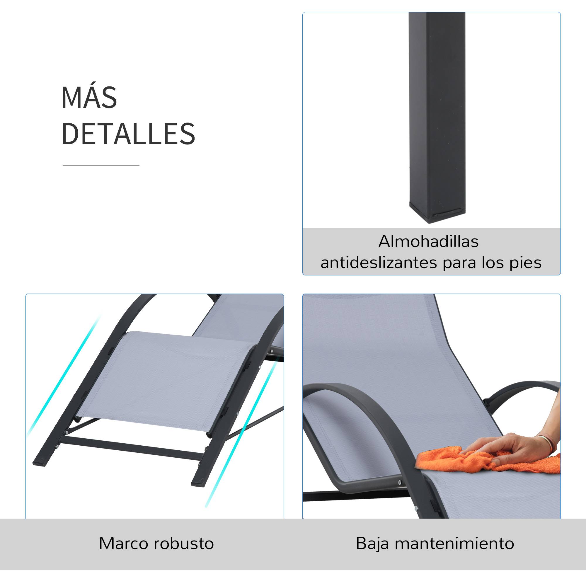 2 chaises longues de jardin 59 x 169 x 66 cm avec table basse en verre 41 x 41 x 45 cm et accoudoirs pour terrasse, piscine et patio, gris - Image 6