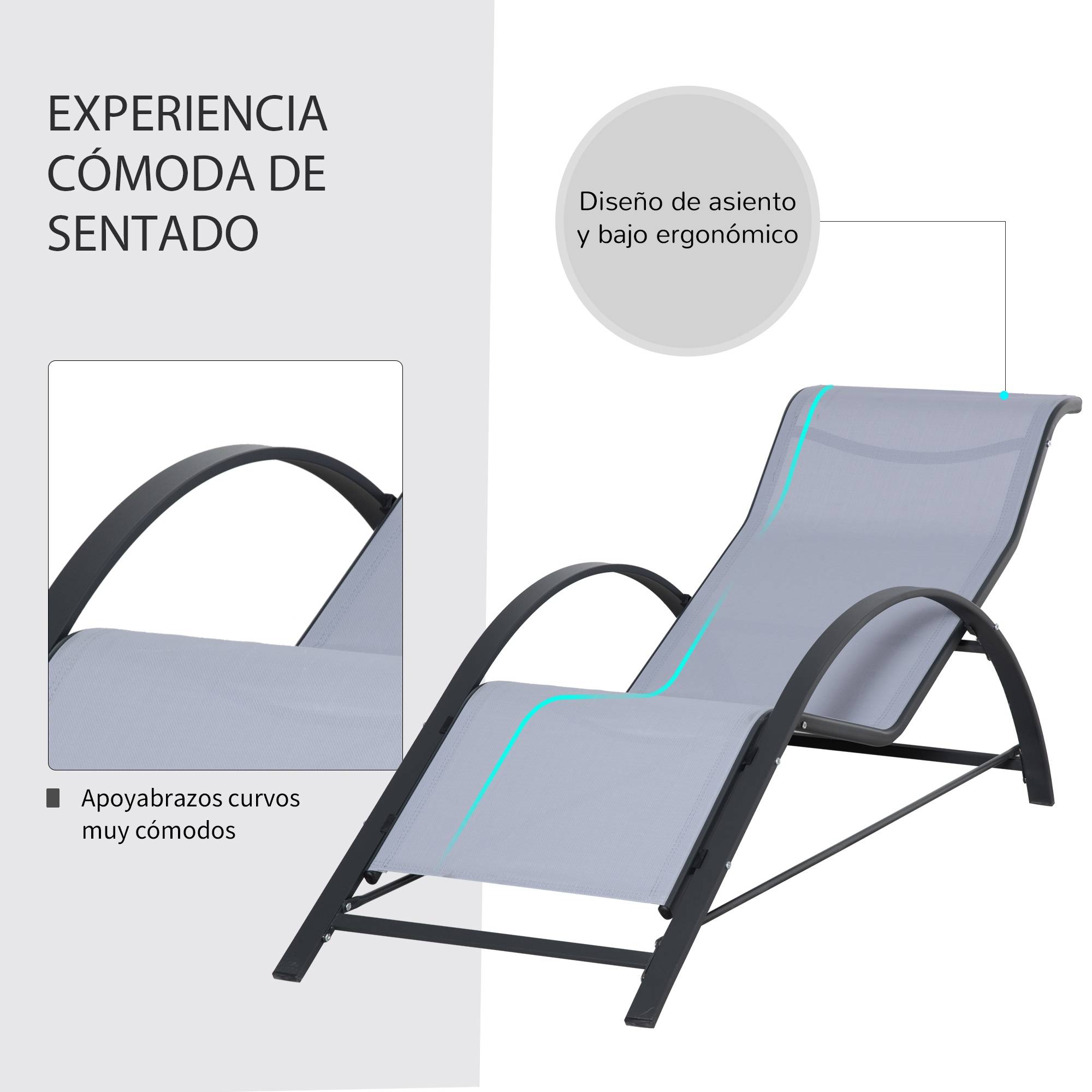 2 chaises longues de jardin 59 x 169 x 66 cm avec table basse en verre 41 x 41 x 45 cm et accoudoirs pour terrasse, piscine et patio, gris - Image 7