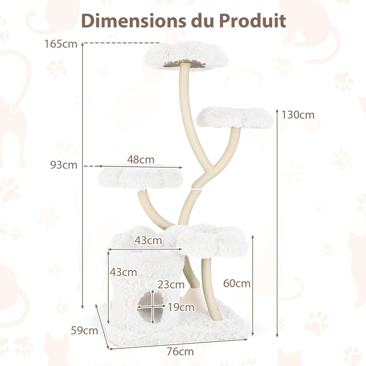 Arbre à Chat XXL 165 cm, Poteaux à Griffer en Sisal, 5 Plateformes, Arbre a Chat Maine Coon, Tubes de Support en Métal, 76x59×165 cm (Blanc) - Image 5