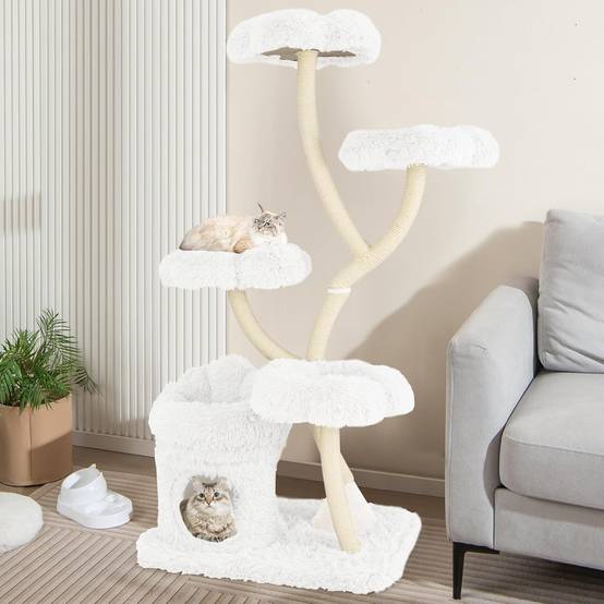 Arbre à Chat XXL 165 cm, Poteaux à Griffer en Sisal, 5 Plateformes, Arbre a Chat Maine Coon, Tubes de Support en Métal, 76x59×165 cm (Blanc) - Image 3