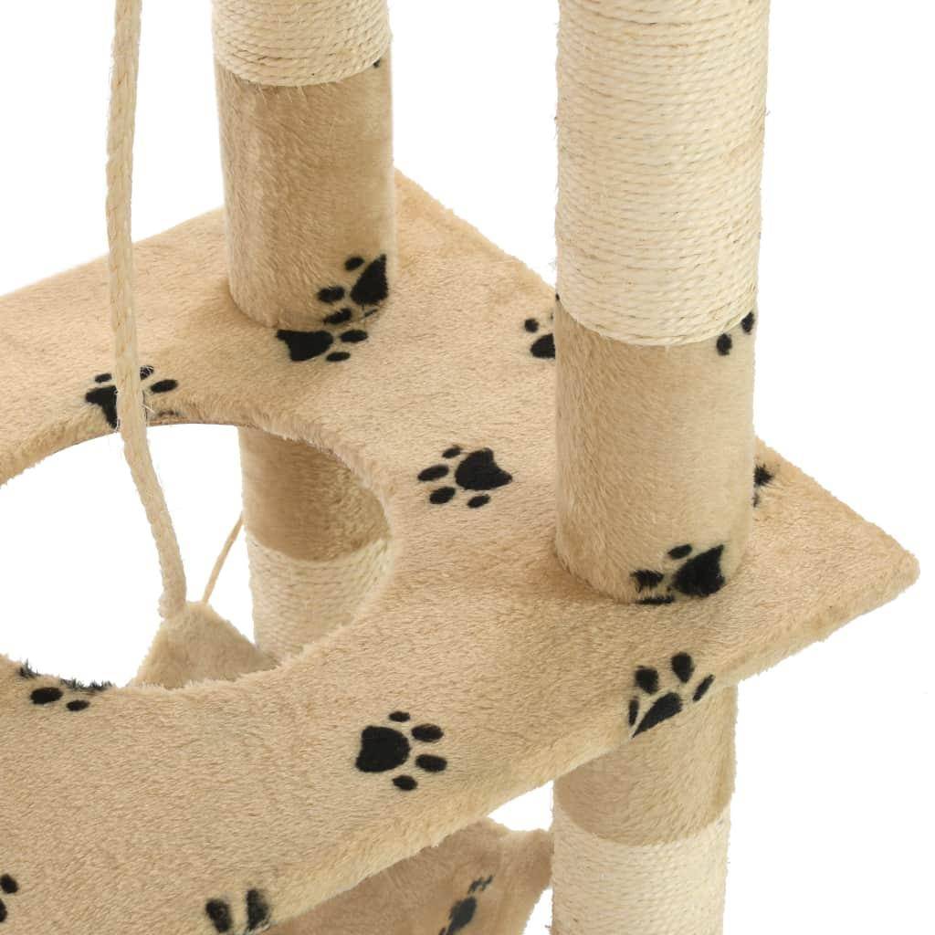 Helloshop26 - Arbre à chat griffoir grattoir niche jouet animaux peluché en sisal 140cm beige motif de pattes - Imagen 7