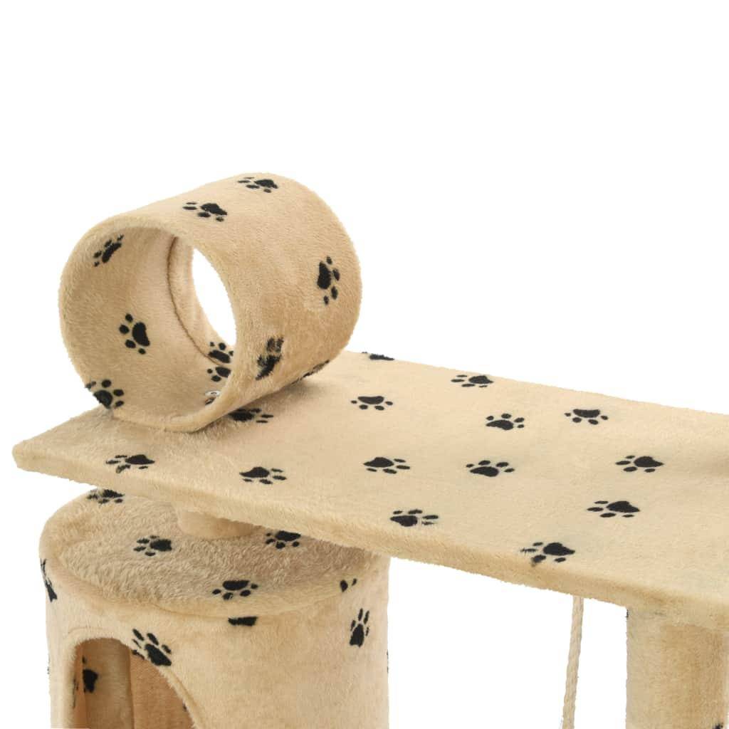 Helloshop26 - Arbre à chat griffoir grattoir niche jouet animaux peluché en sisal 140cm beige motif de pattes - Imagen 6