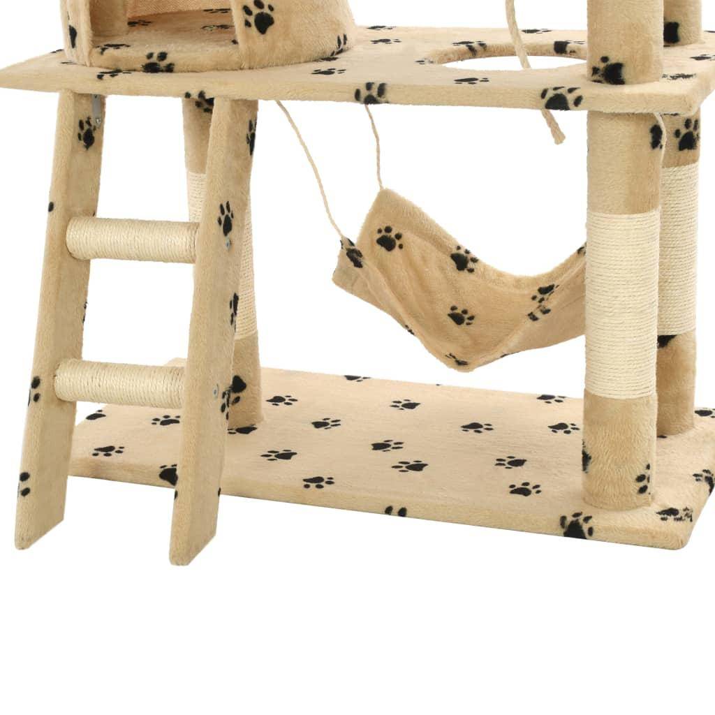 Helloshop26 - Arbre à chat griffoir grattoir niche jouet animaux peluché en sisal 140cm beige motif de pattes - Imagen 8