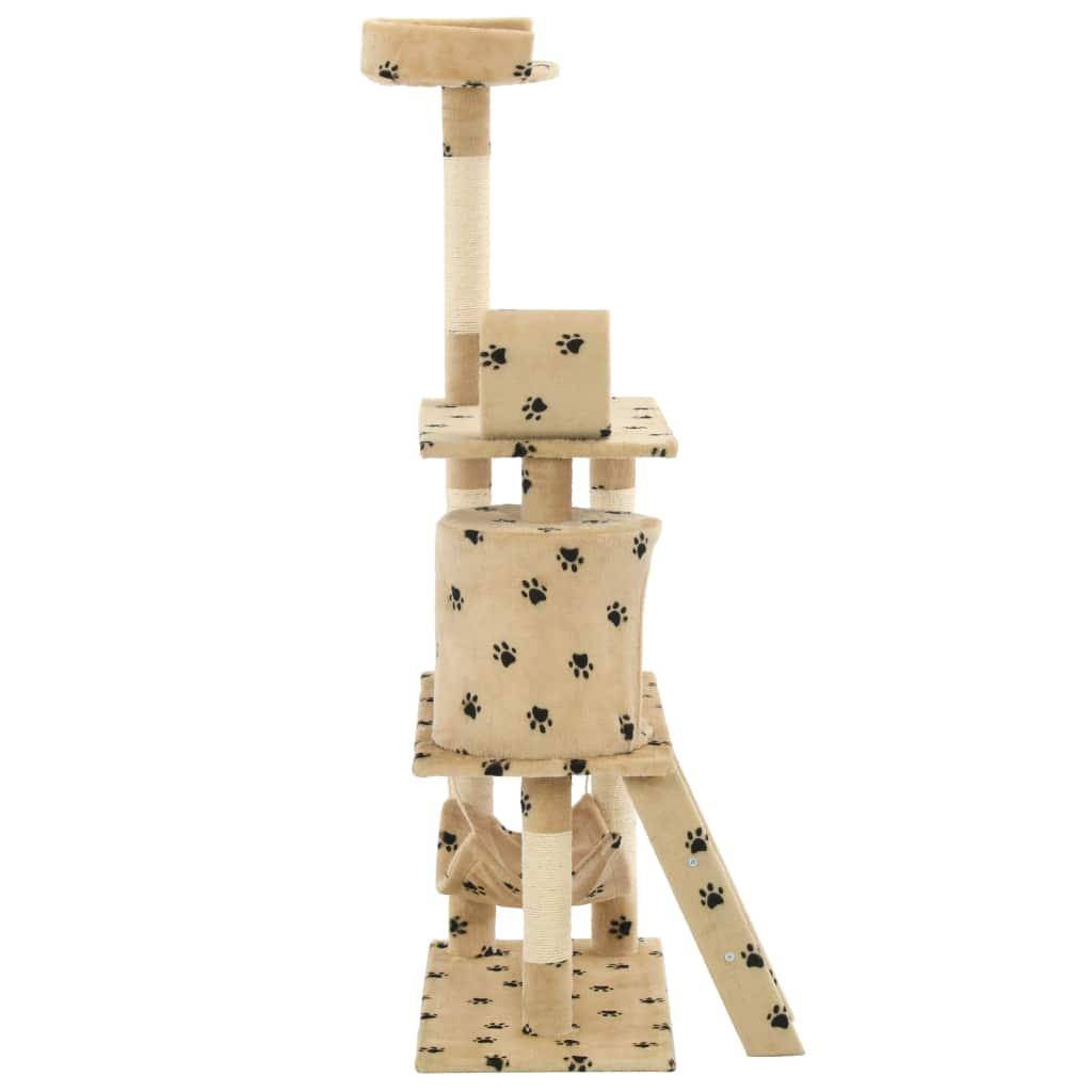 Helloshop26 - Arbre à chat griffoir grattoir niche jouet animaux peluché en sisal 140cm beige motif de pattes - Imagen 4