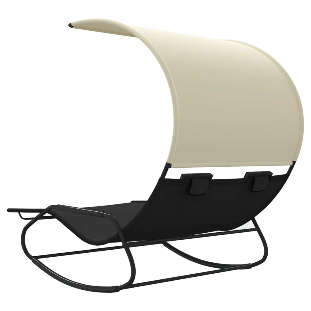 Helloshop26 - Transat chaise longue bain de soleil lit de jardin terrasse meuble d'extérieur double à bascule avec auvent noir et crème - Imagen 4