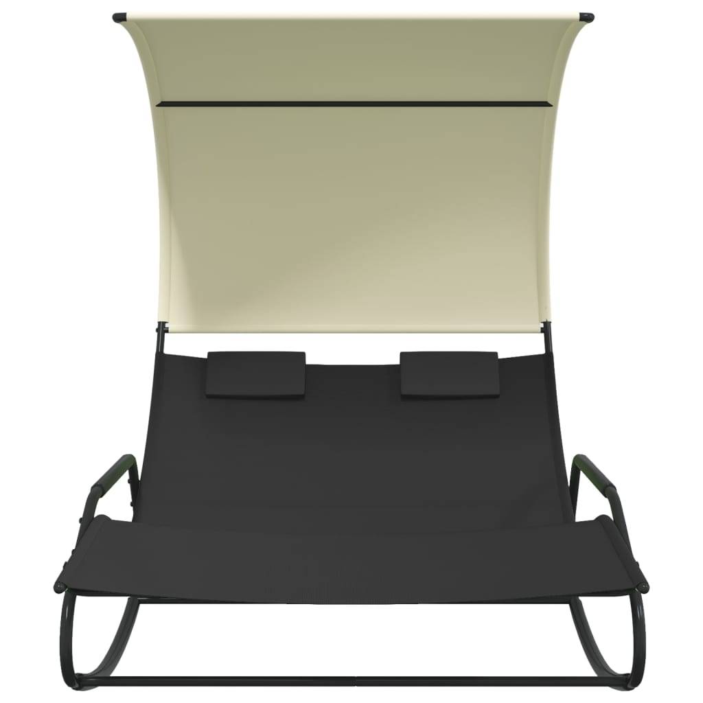 Helloshop26 - Transat chaise longue bain de soleil lit de jardin terrasse meuble d'extérieur double à bascule avec auvent noir et crème - Imagen 2