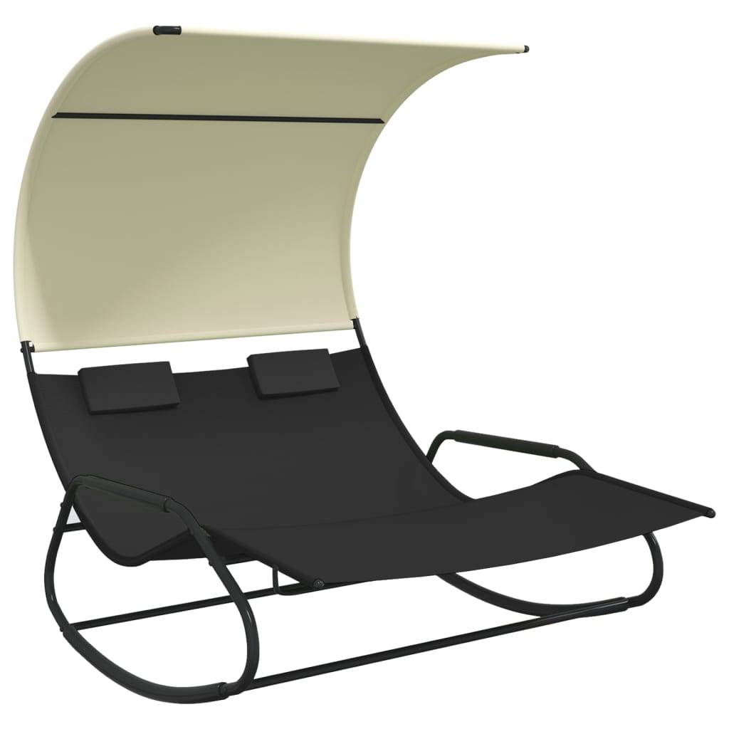 Helloshop26 - Transat chaise longue bain de soleil lit de jardin terrasse meuble d'extérieur double à bascule avec auvent noir et crème - Imagen 1