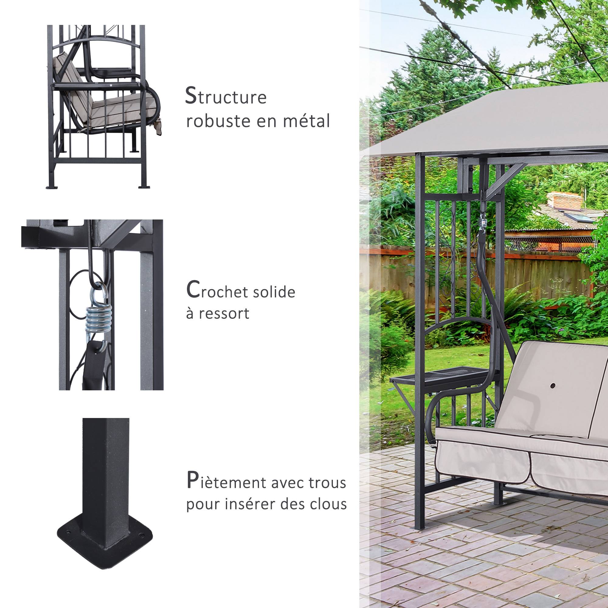 Outsunny - Balancelle de jardin 2 places style colonial grand confort matelas + tablettes supports métal époxy gris foncé polyester gris clair - Outsunny - Imagen 5