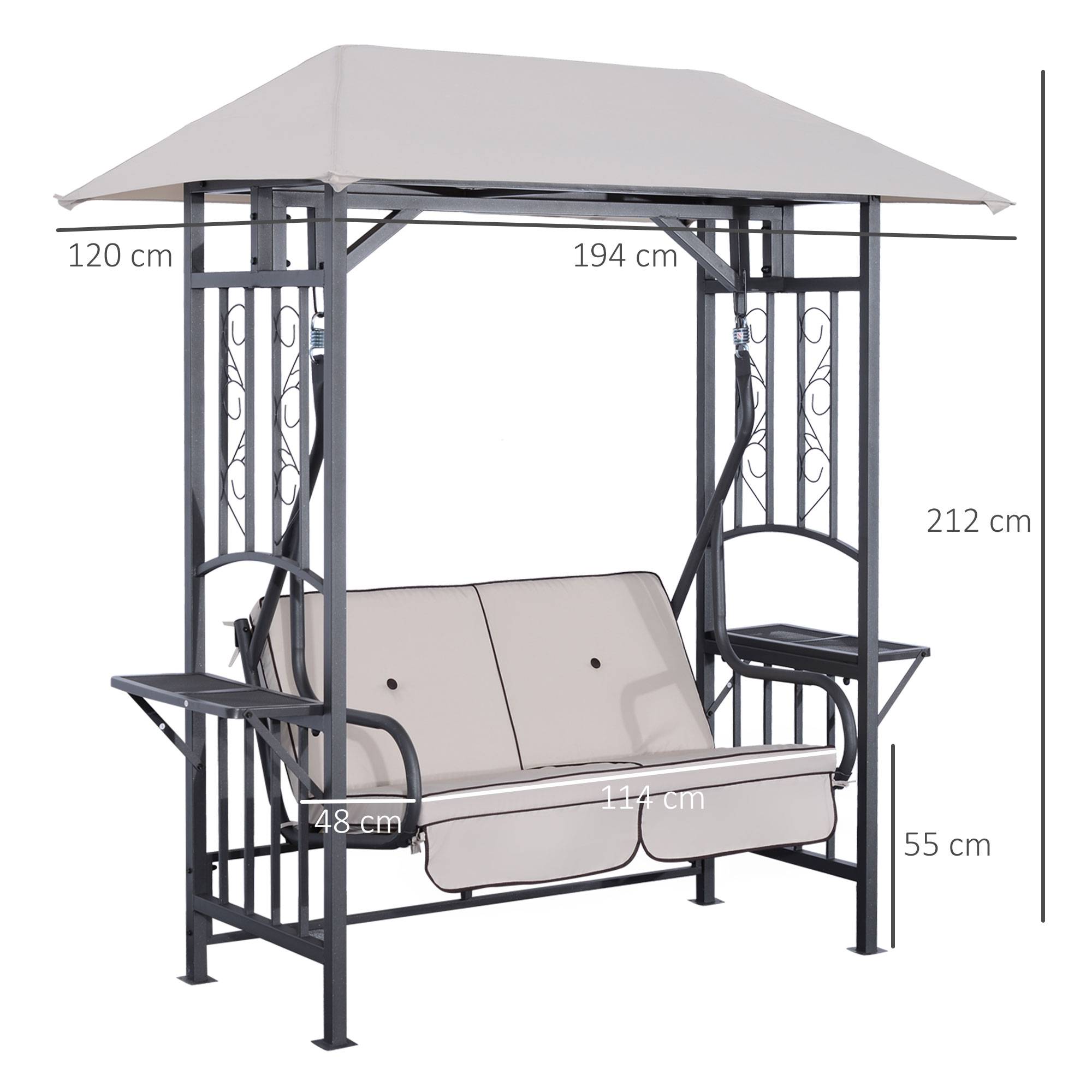 Outsunny - Balancelle de jardin 2 places style colonial grand confort matelas + tablettes supports métal époxy gris foncé polyester gris clair - Outsunny - Imagen 3