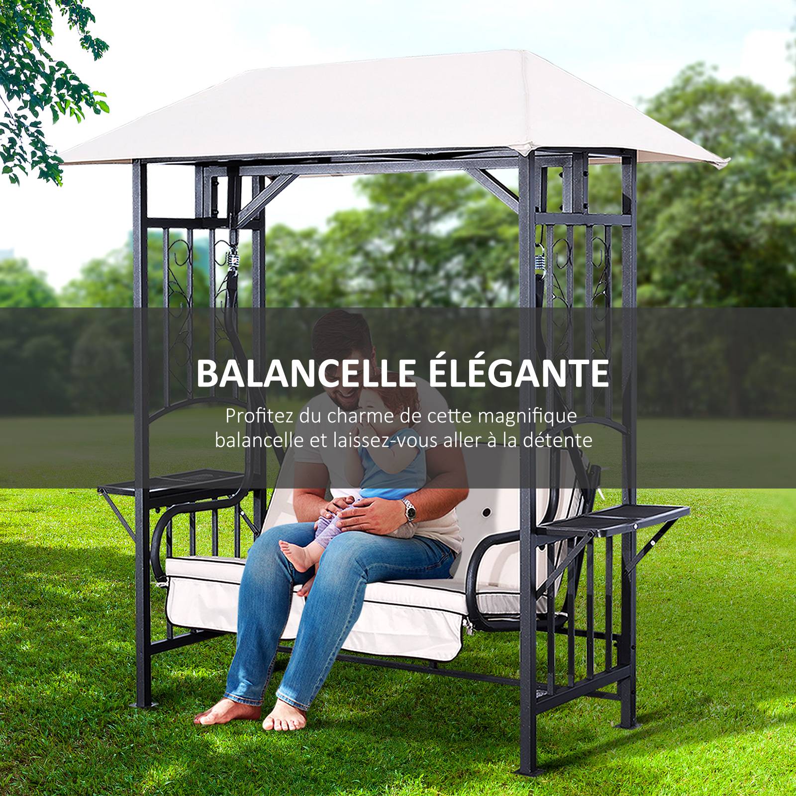 Outsunny - Balancelle de jardin 2 places style colonial grand confort matelas + tablettes supports métal époxy gris foncé polyester gris clair - Outsunny - Imagen 7