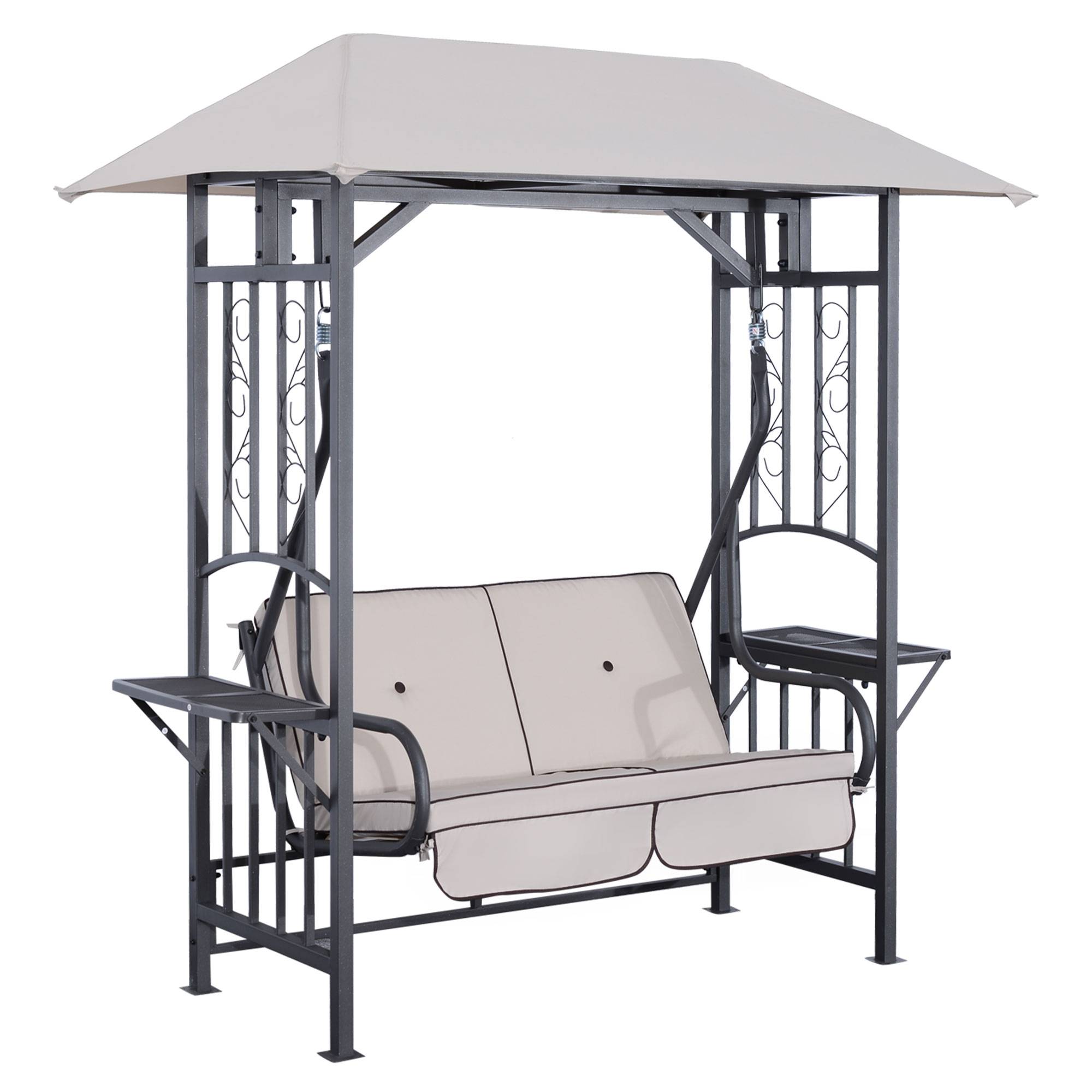 Outsunny - Balancelle de jardin 2 places style colonial grand confort matelas + tablettes supports métal époxy gris foncé polyester gris clair - Outsunny - Imagen 1