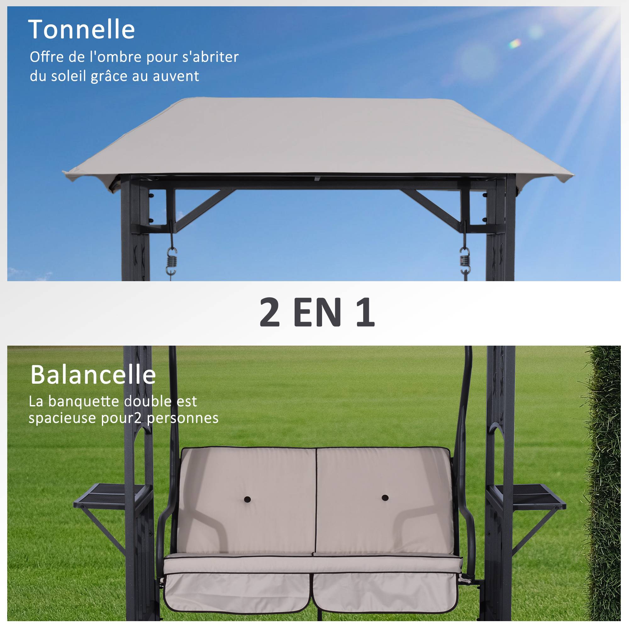 Outsunny - Balancelle de jardin 2 places style colonial grand confort matelas + tablettes supports métal époxy gris foncé polyester gris clair - Outsunny - Imagen 6