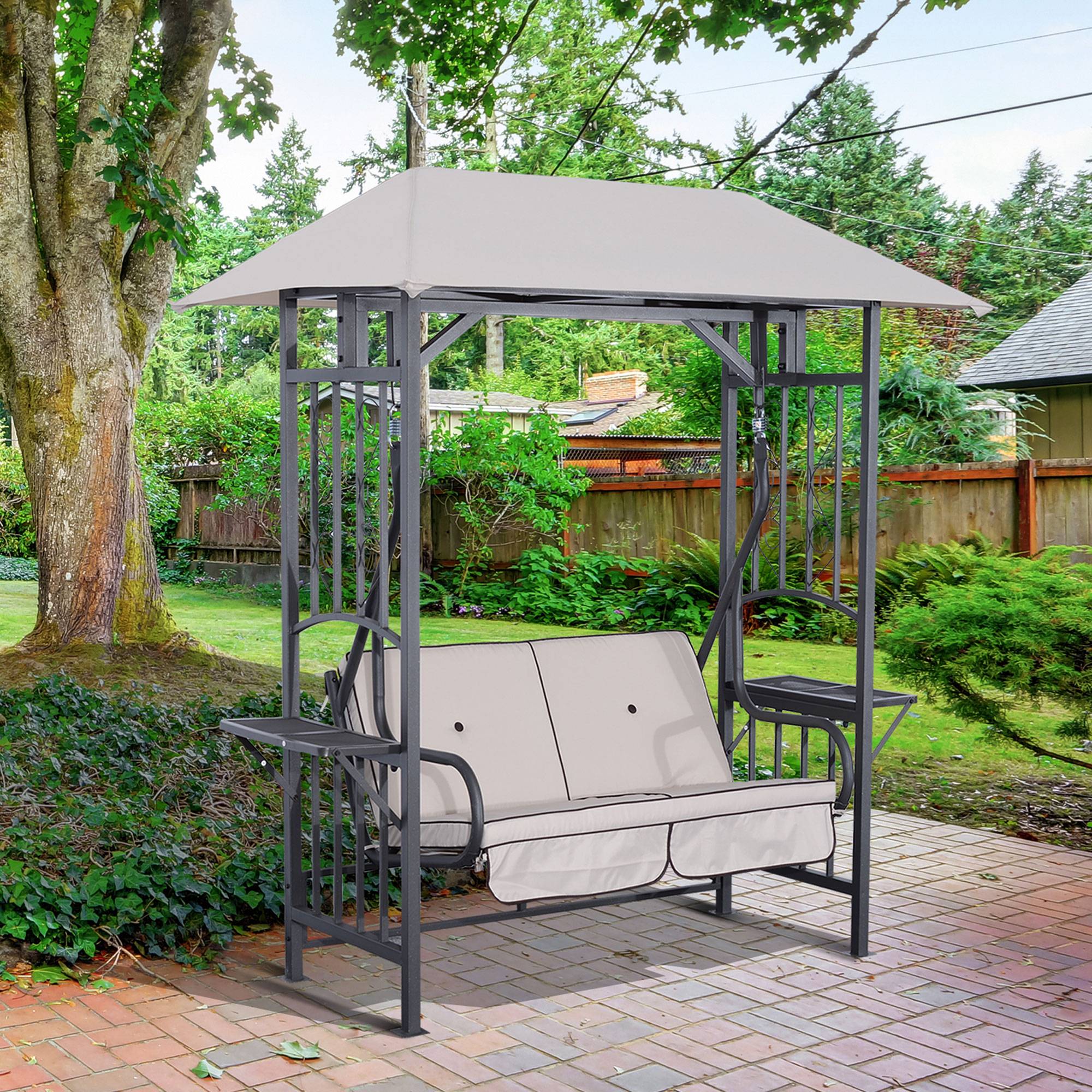 Outsunny - Balancelle de jardin 2 places style colonial grand confort matelas + tablettes supports métal époxy gris foncé polyester gris clair - Outsunny - Imagen 2