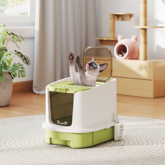 Maison de toilette chat PP fermée tiroir filtre charbon 2 portes 40x52x42cm vert - ComfortXL Outdoor Living - Image 4