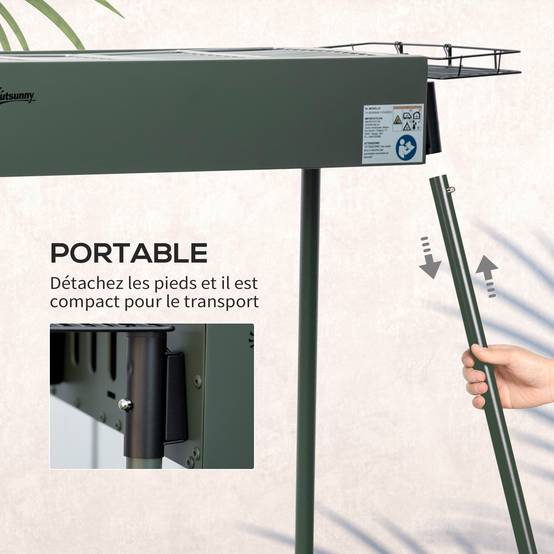 Barbecue à charbon portable acier inox camping pique-nique 2 grilles vert foncé 94 cm - ComfortXL Outdoor Living - Image 9