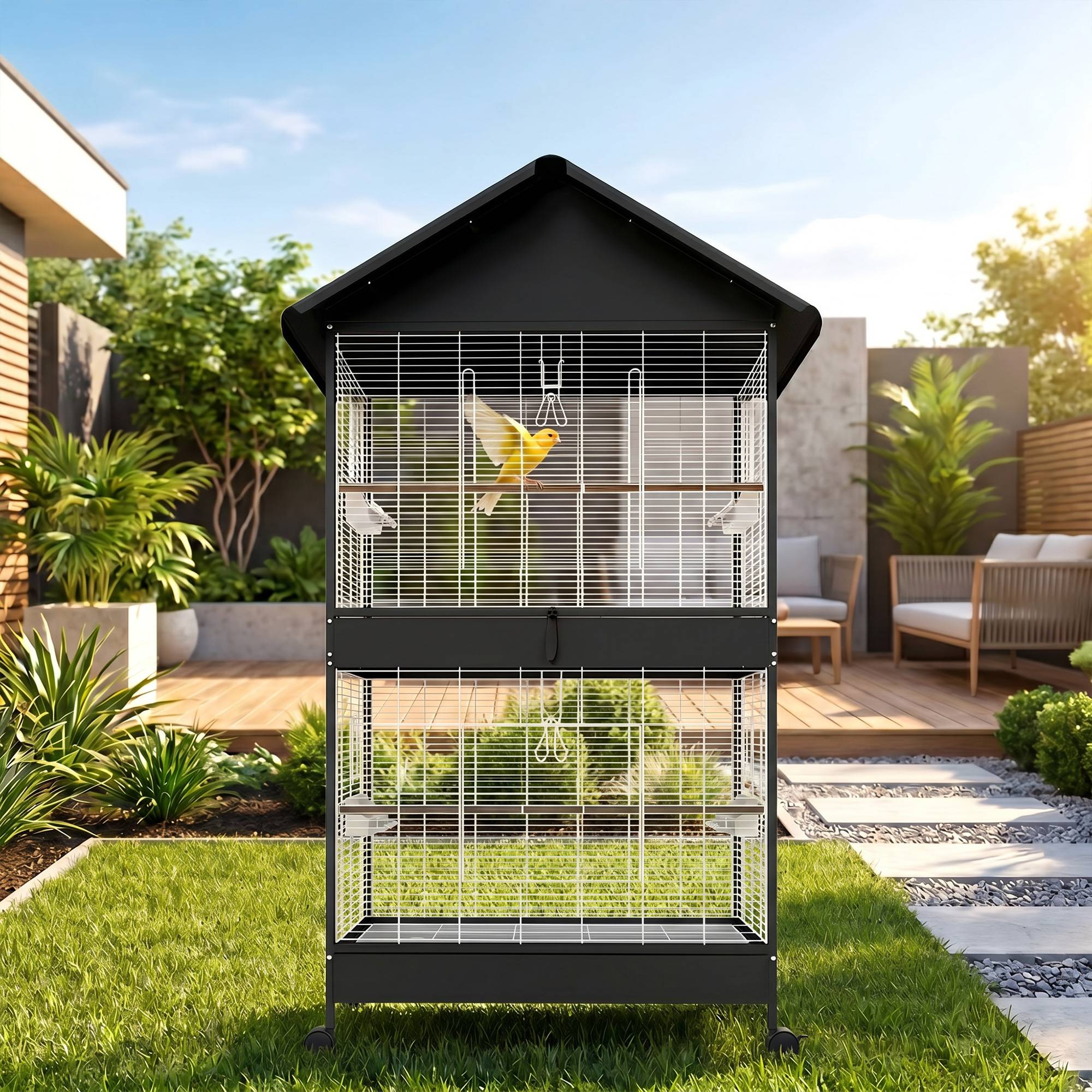Grande cage à oiseaux avec roues, plateau extractible, perchoirs, toit, pour perroquets et canaris, noir - Image 10