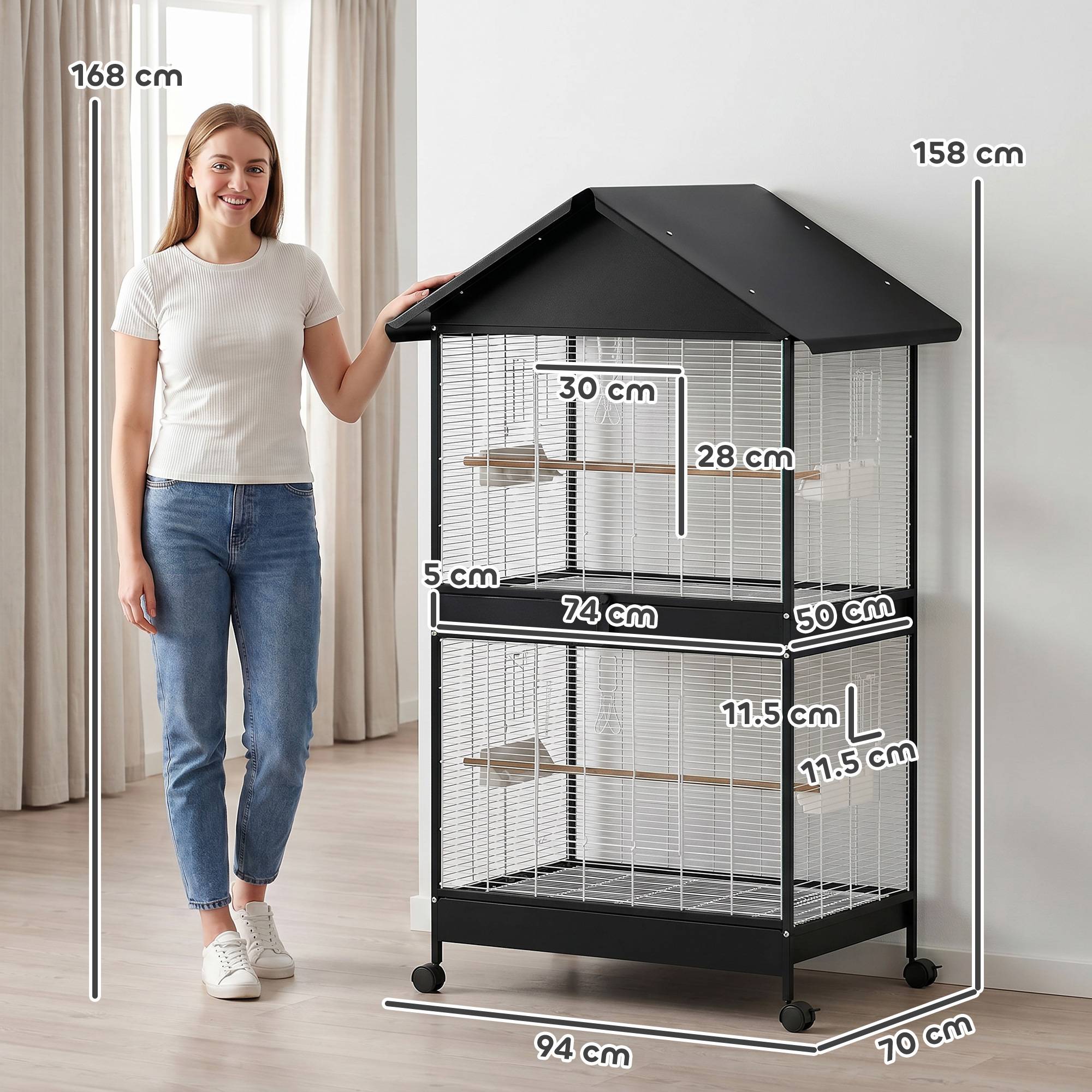 Grande cage à oiseaux avec roues, plateau extractible, perchoirs, toit, pour perroquets et canaris, noir - Image 5