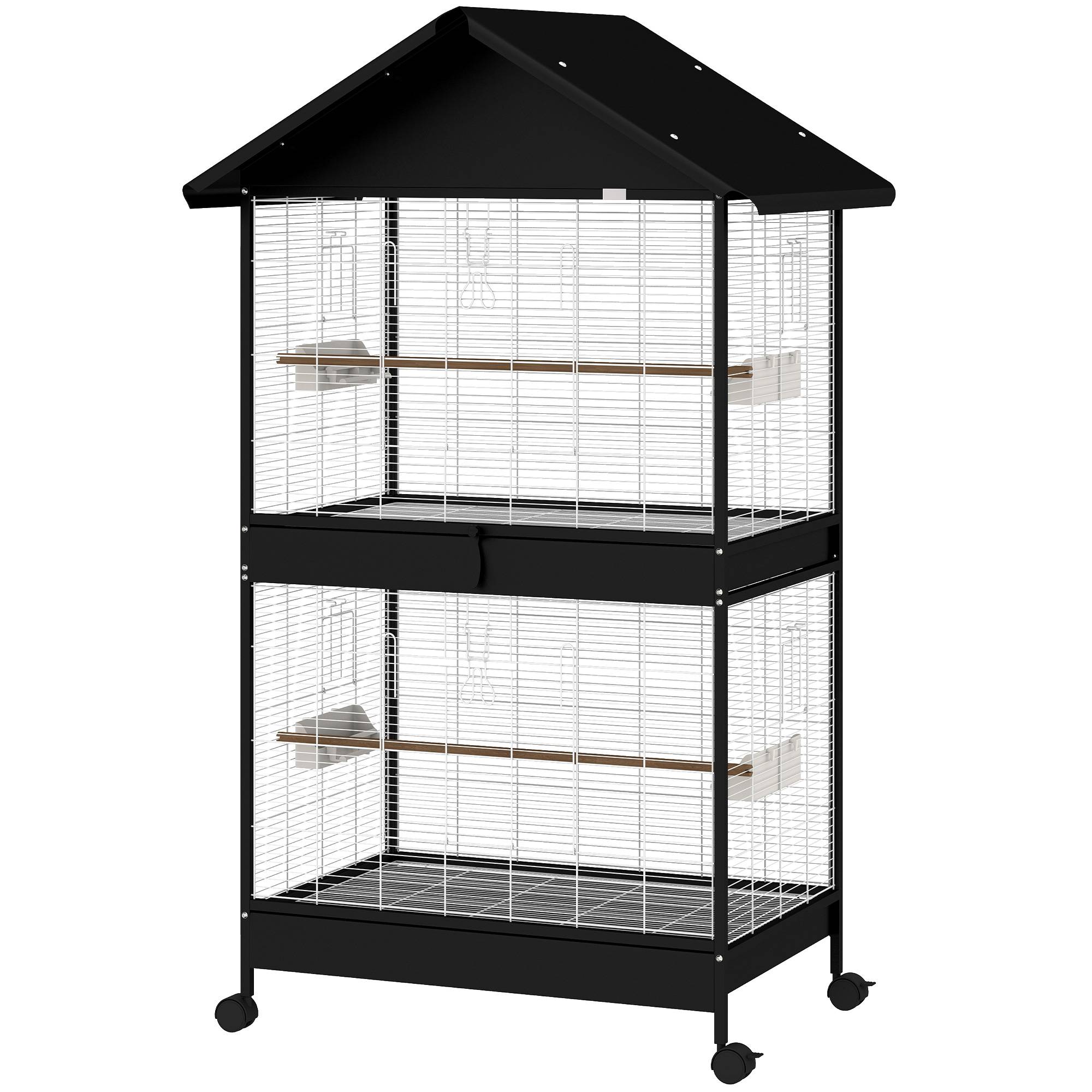 Grande cage à oiseaux avec roues, plateau extractible, perchoirs, toit, pour perroquets et canaris, noir - Image 2