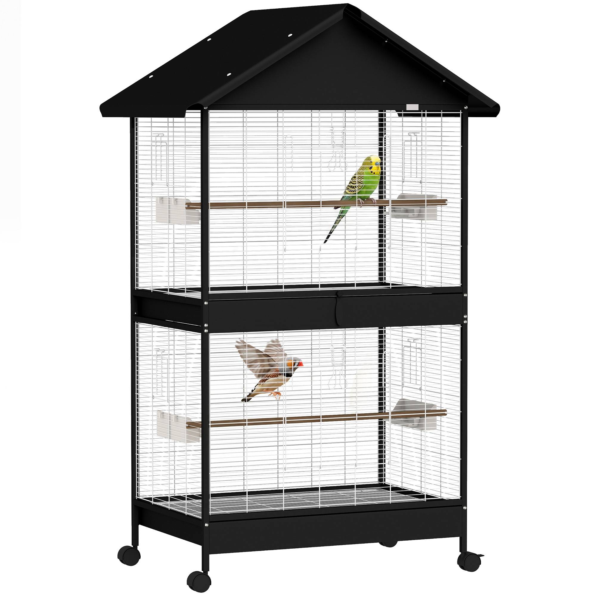 Grande cage à oiseaux avec roues, plateau extractible, perchoirs, toit, pour perroquets et canaris, noir - Image 1