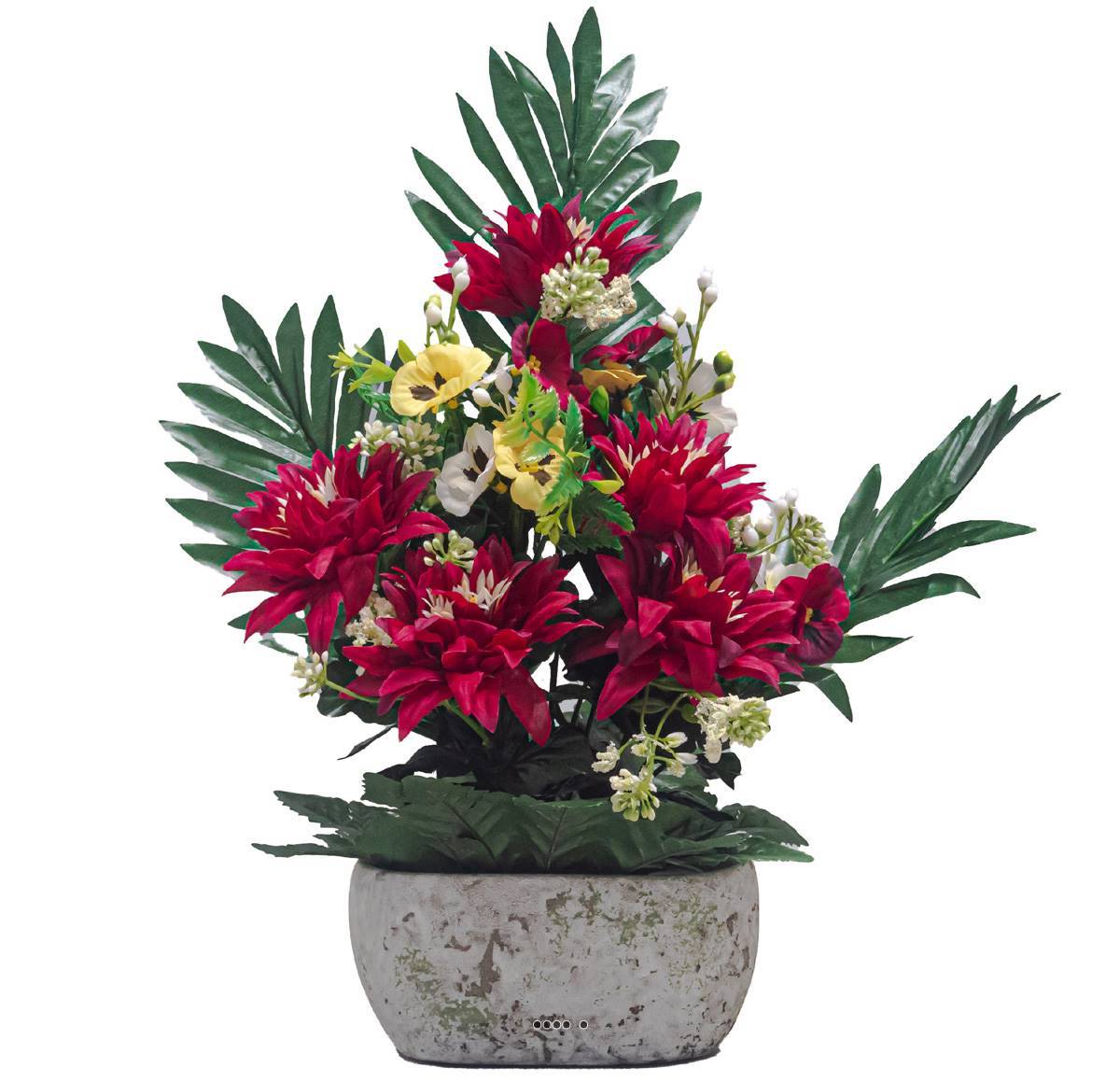 Artificielles - Jardinière pot béton Chrysantheme, Pensée et mini fleurs Bourgogne pour la Toussaint - couleur: Bourgogne - Imagen 2