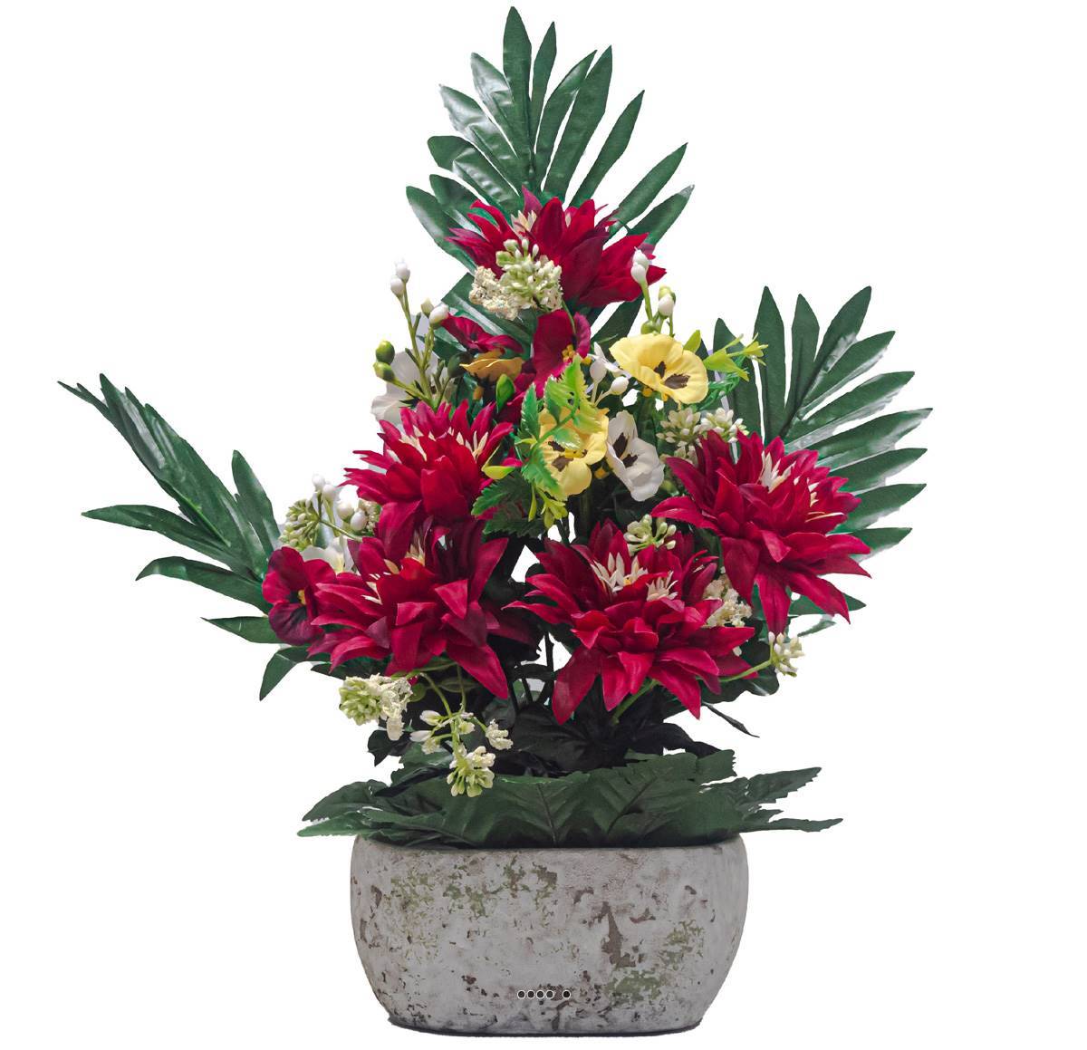 Artificielles - Jardinière pot béton Chrysantheme, Pensée et mini fleurs Bourgogne pour la Toussaint - couleur: Bourgogne - Imagen 1