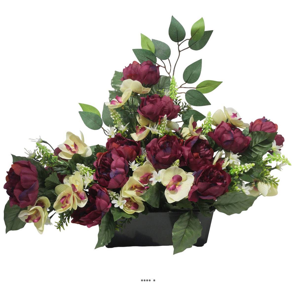 Artificielles - Devant de tombe de Pivoine, Orchidée, mini fleurs et ficus Pourpre artificiels pour la Toussaint - couleur: Pourpre - Imagen 2