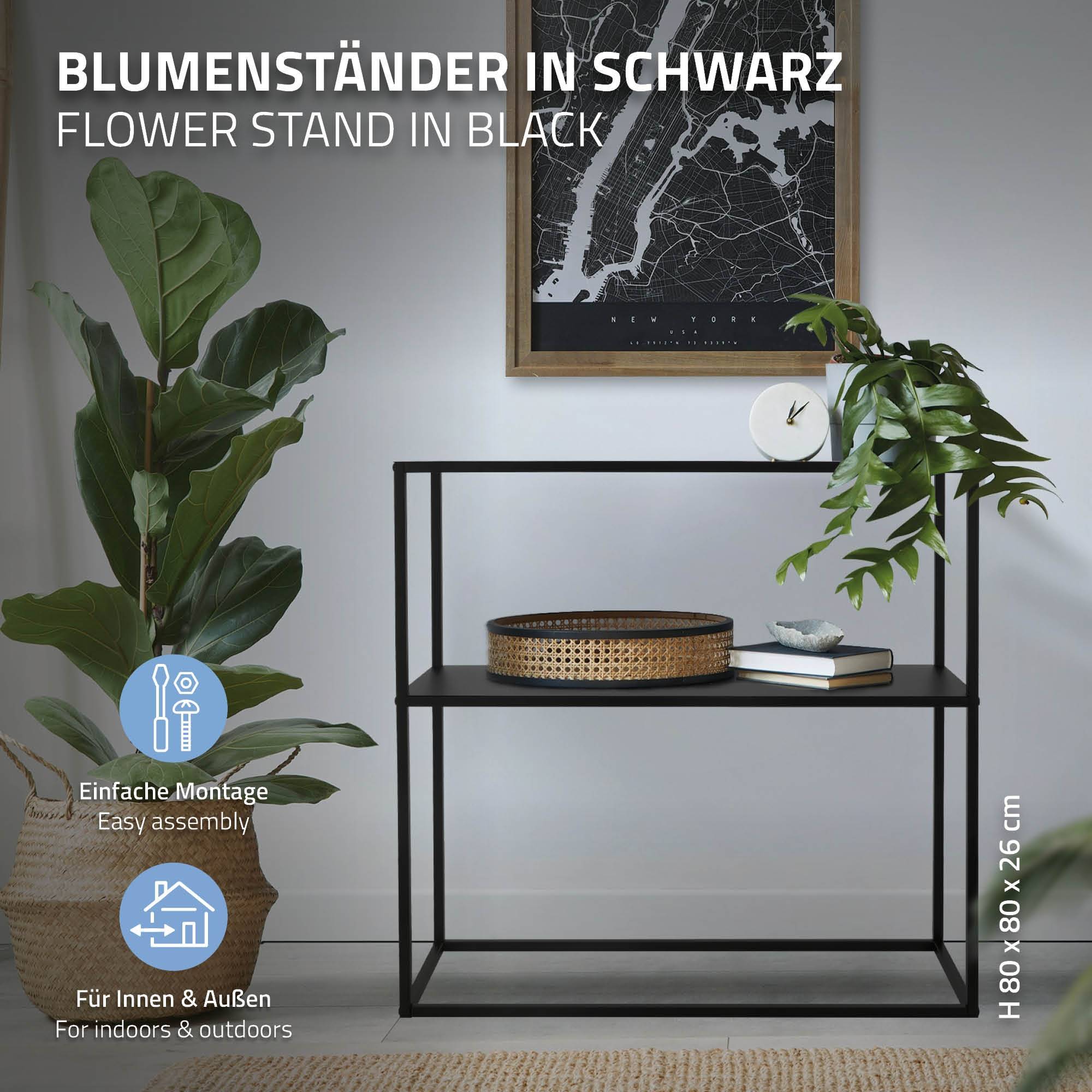 Ml-Design - Étagère à plantes/livres en métal noir porte-plantes avec 2 étagères 80x26x80 cm - Imagen 2