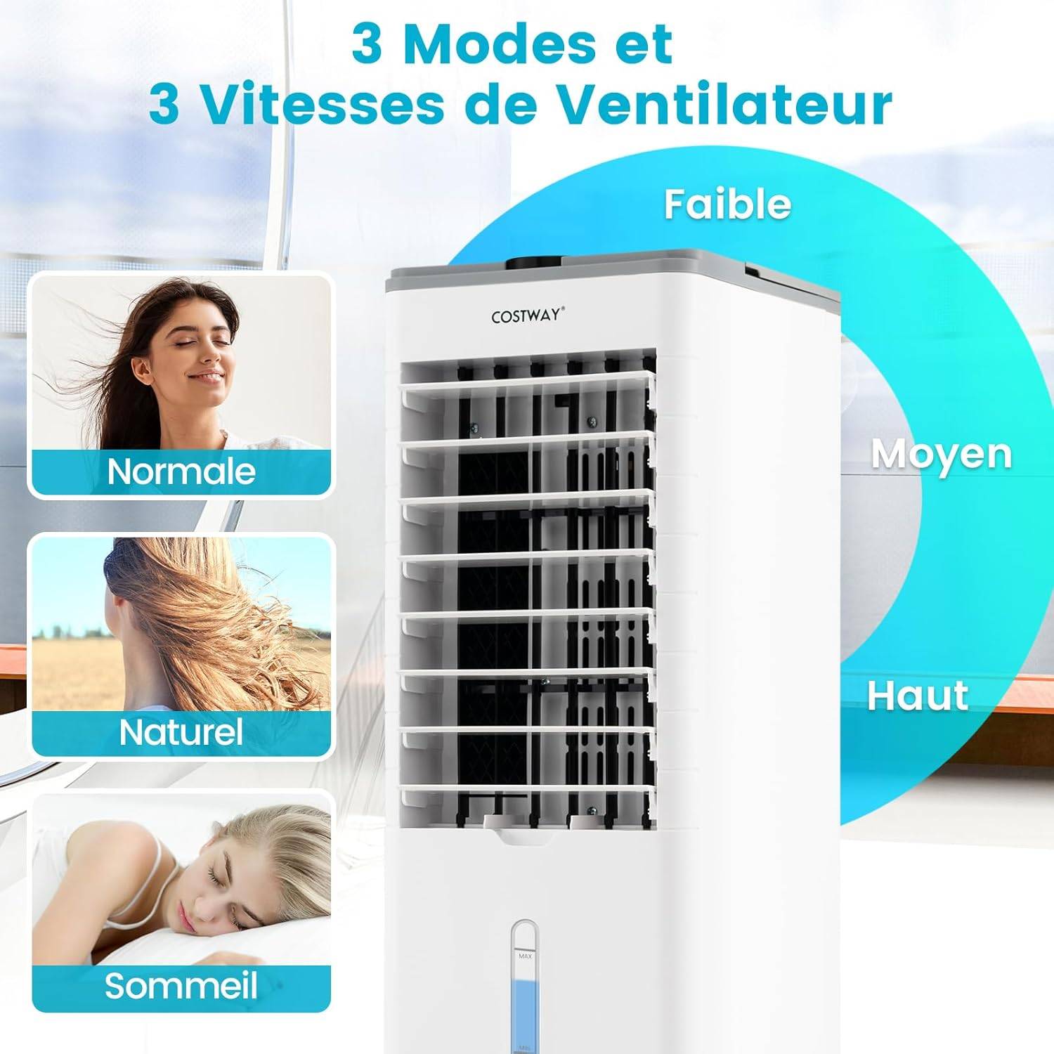 Rafraichisseur d'Air Mobile 3 Modes 3 Vitesses de Vent, Refroidisseur d'Air 3 en 1 (Gris) - Image 2