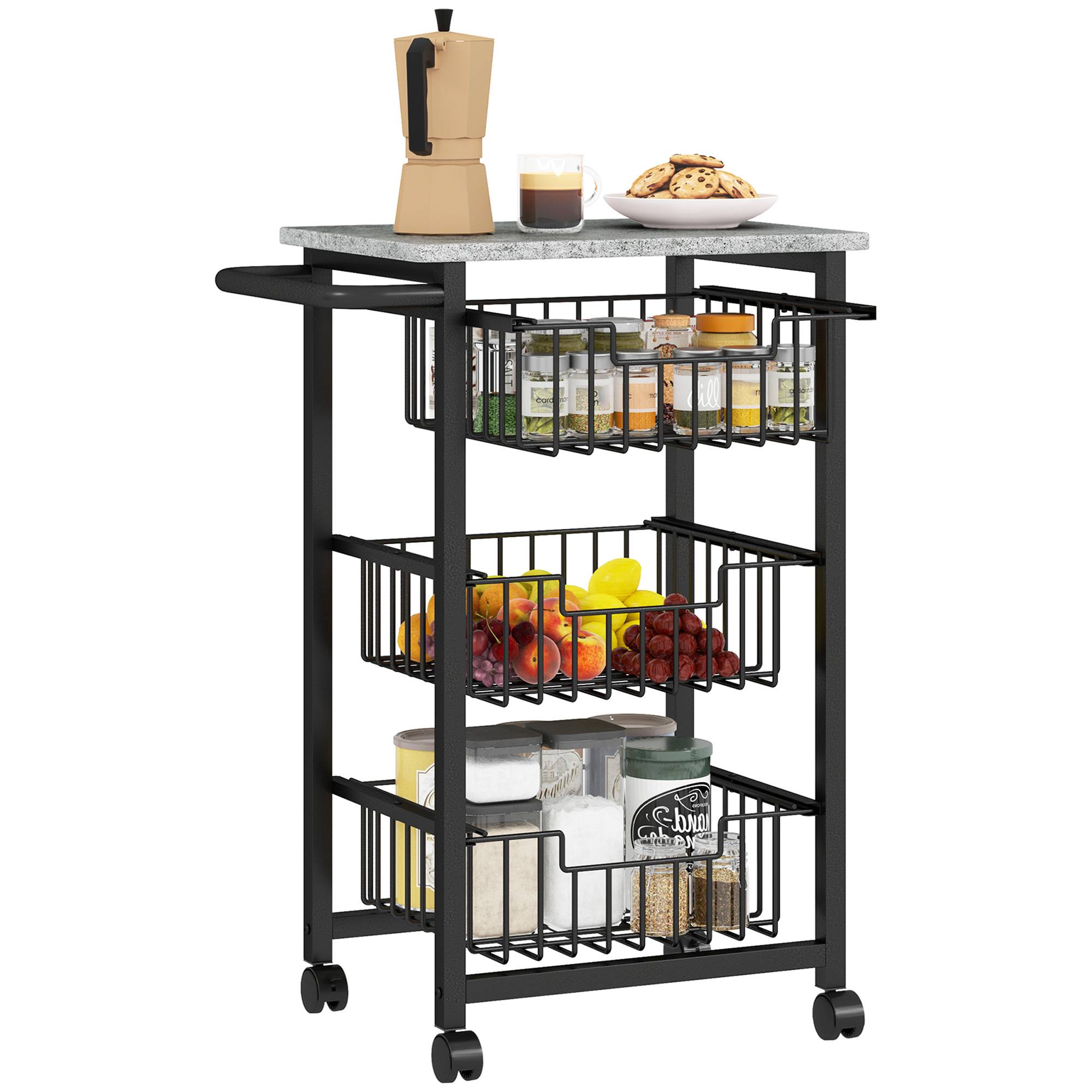 Sans Marque - Chariot légumes cuisine 3 paniers coulissants structure acier 49,5x31x69 cm Gris clair - Image 1