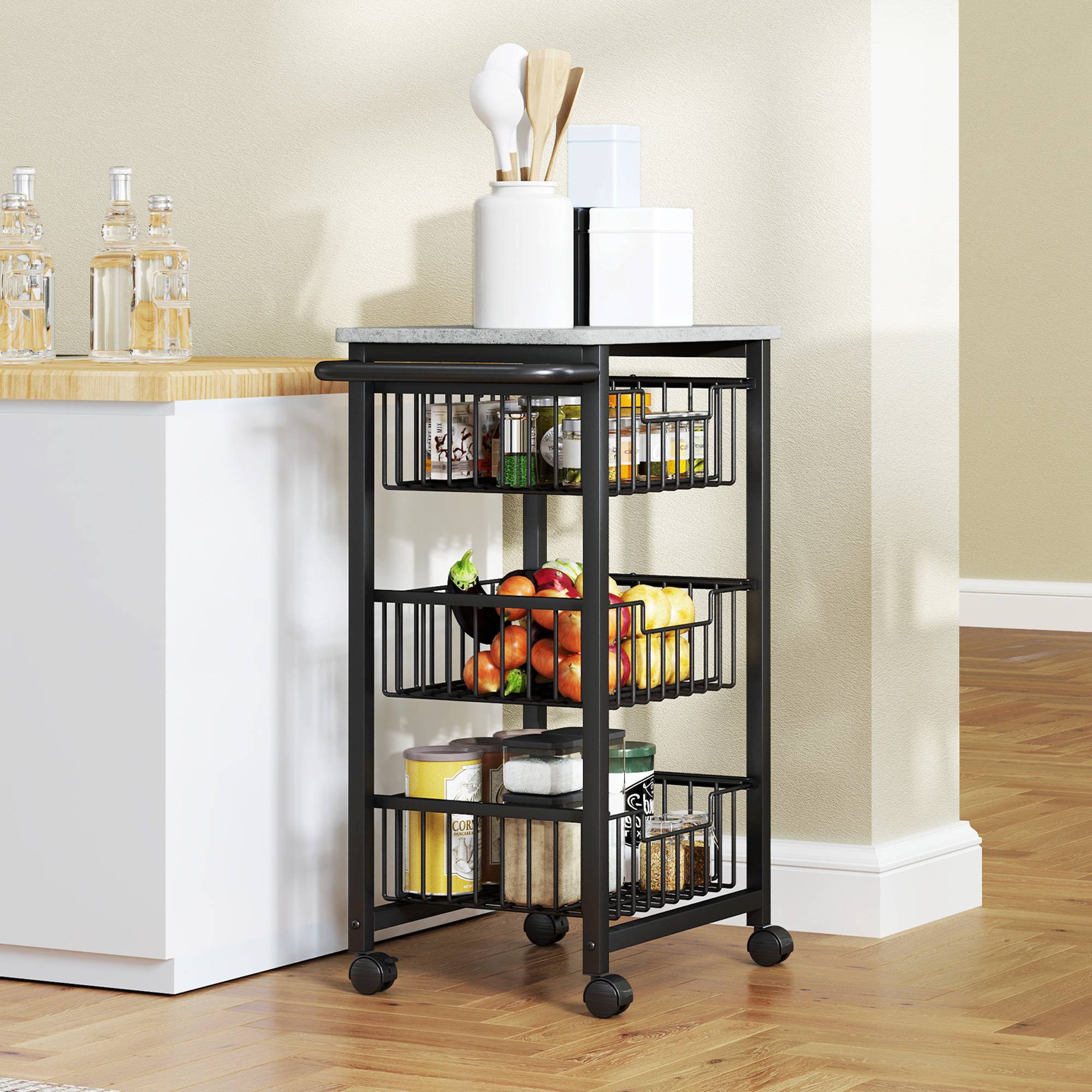 Sans Marque - Chariot légumes cuisine 3 paniers coulissants structure acier 49,5x31x69 cm Gris clair - Image 3
